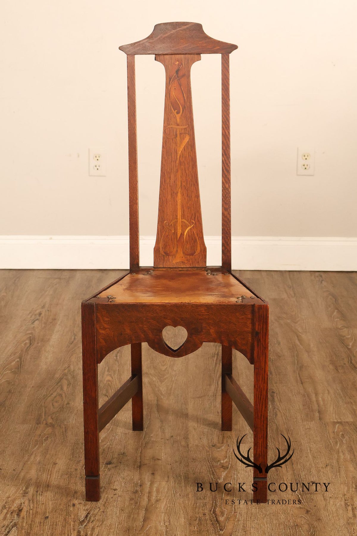 Antique Arts And Crafts Oak Inlaid Side Chair Attributed To Stickley Brothers