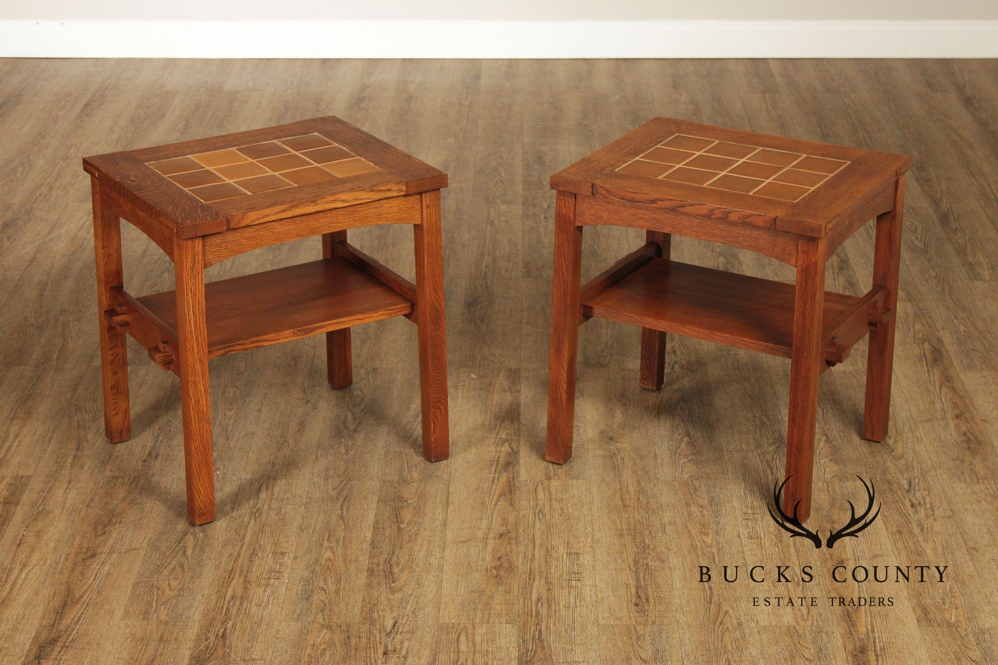 Stickley Mission Collection Pair Of Oak Tile Top End Tables