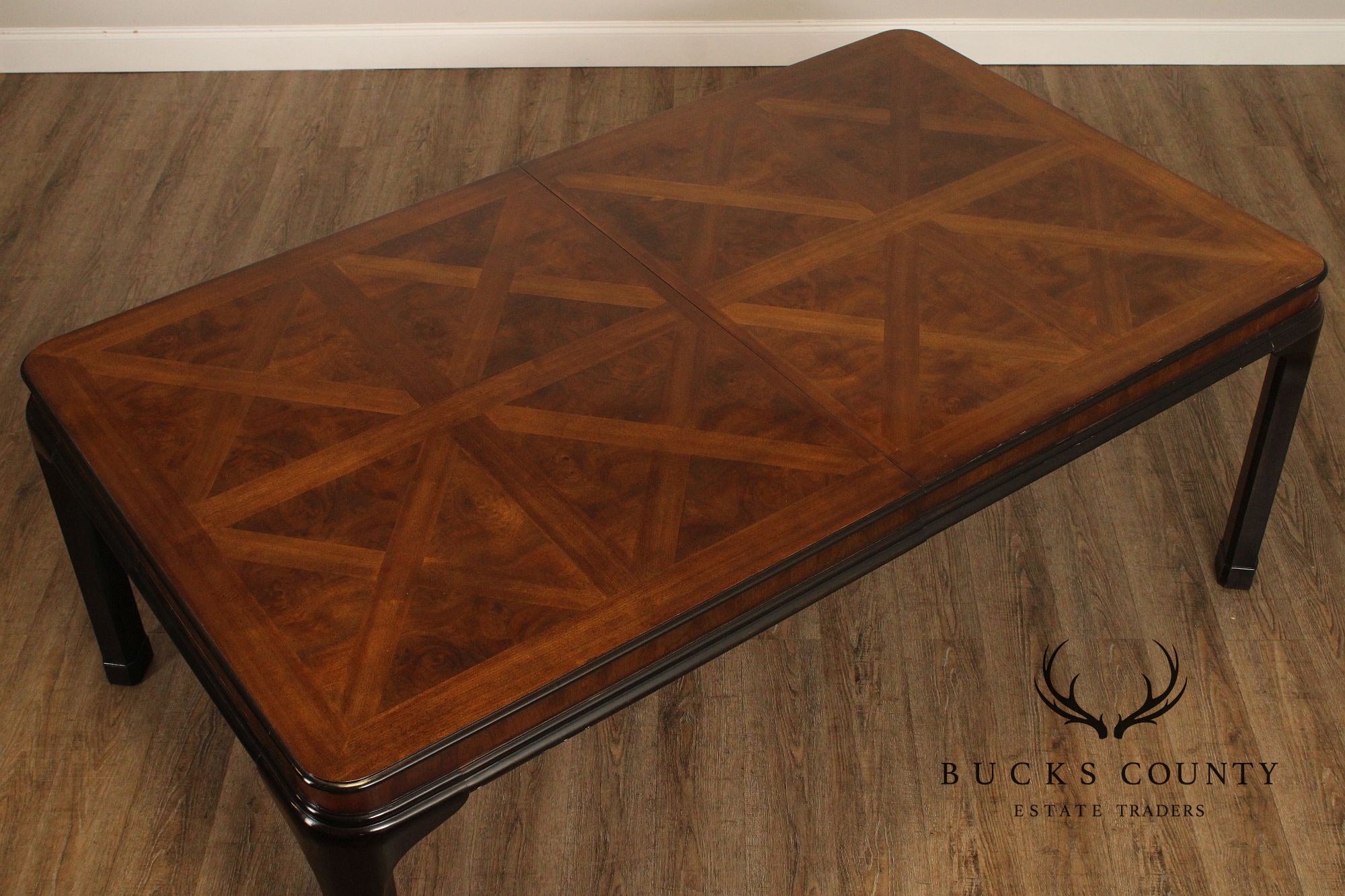 Drexel Heritage Extendable Burlwood Parquetry Top Parsons Dining Table