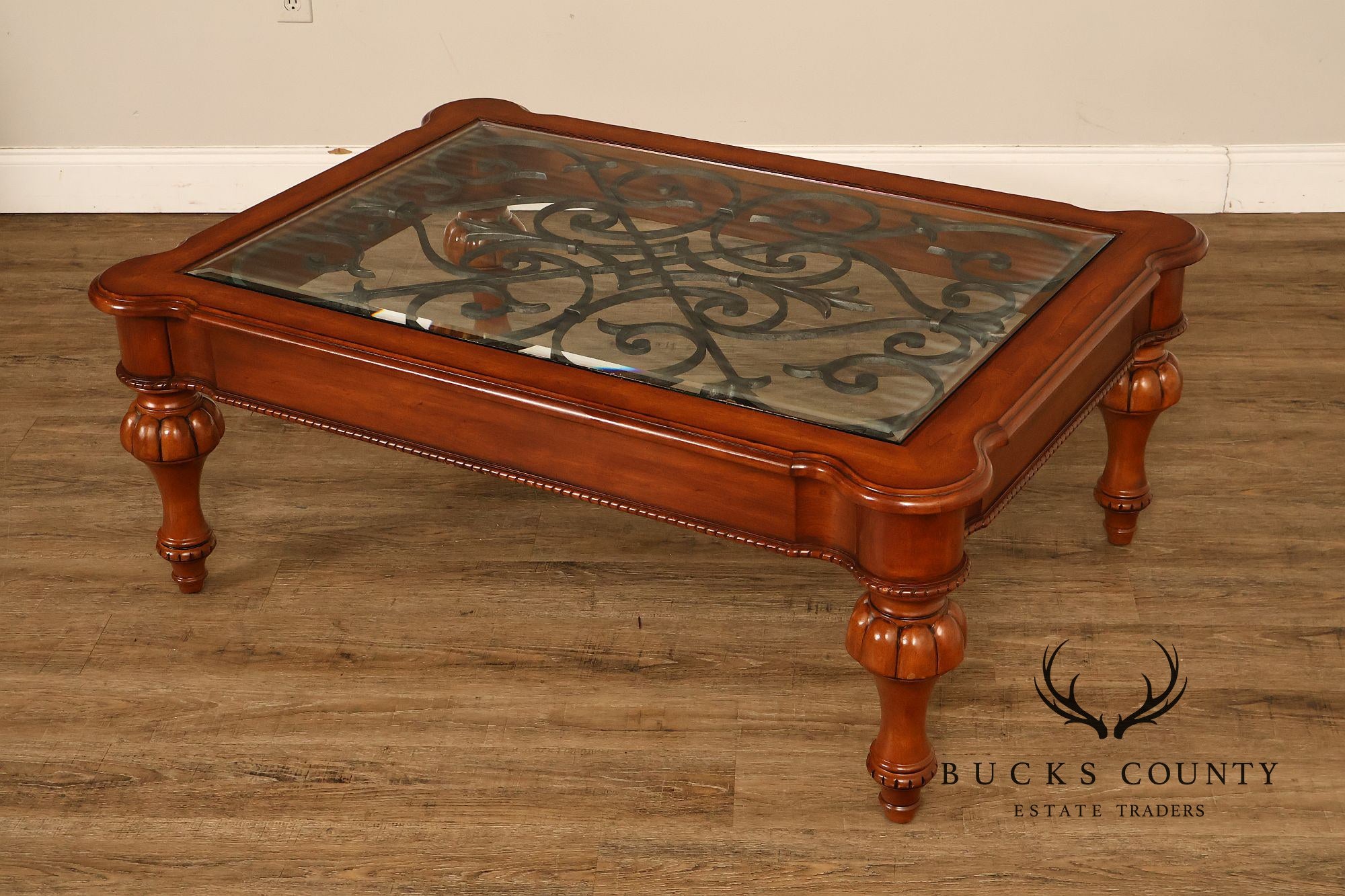Ethan Allen Tuscany Glass Top Coffee Table With Iron Scroll Base