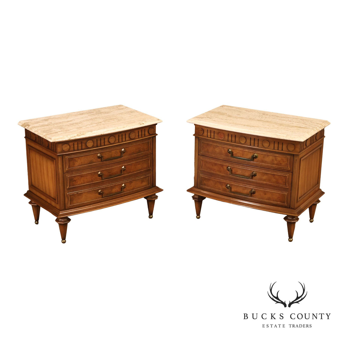 Pair Of Neoclassical Style Marble Top Three Drawer Nightstands