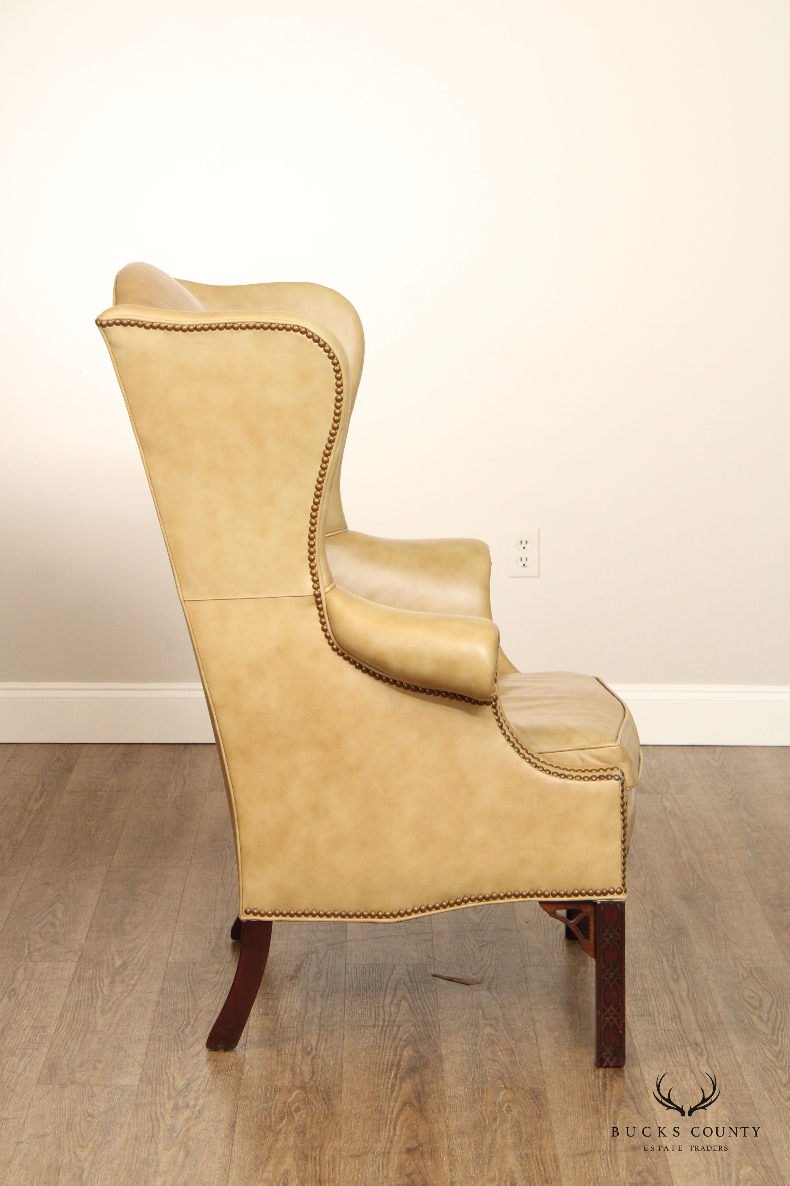 Chippendale Style Tan Leather Wing Chair