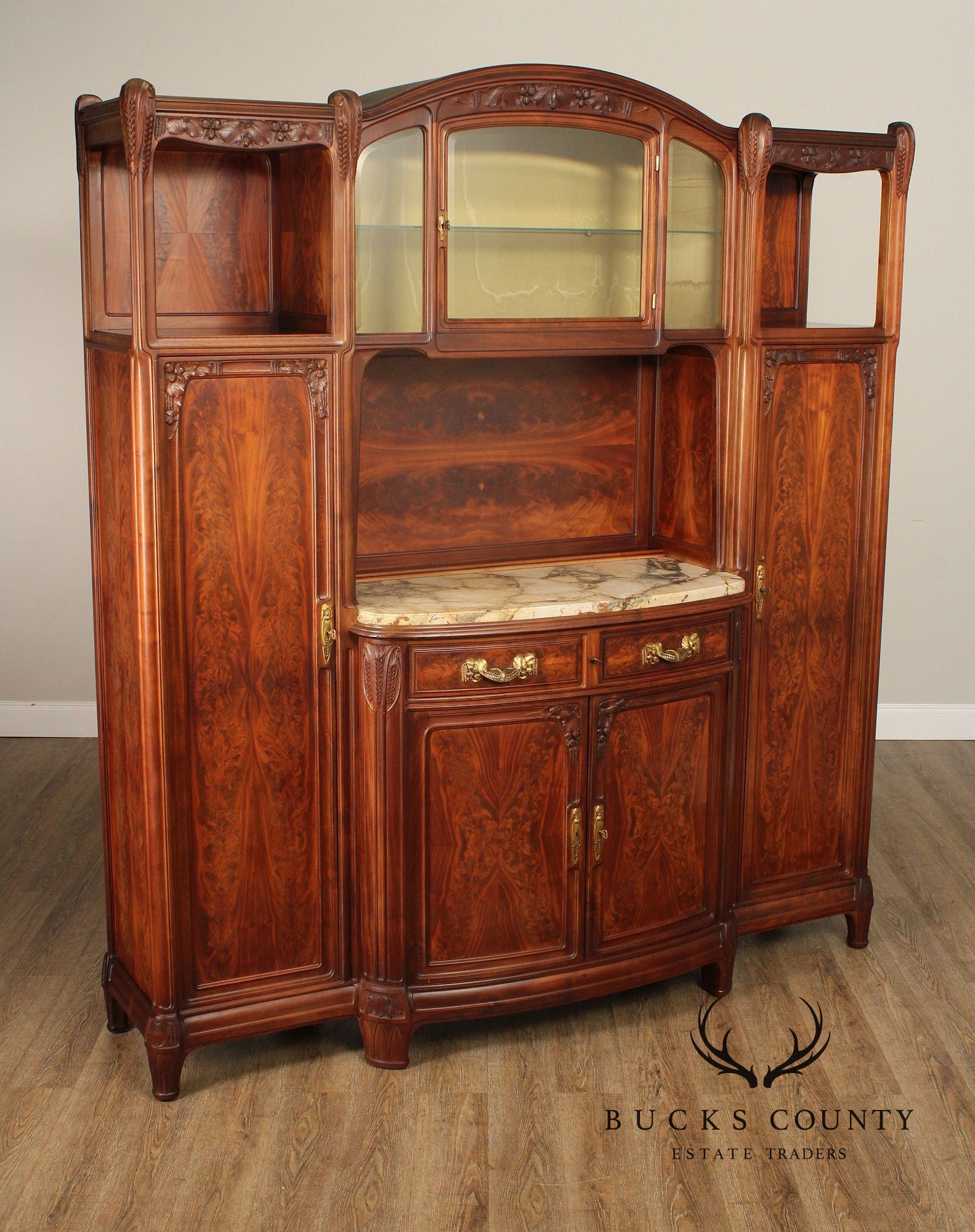 Louis Chambre Antique French Art Nouveau Walnut Sideboard Bar Cabinet