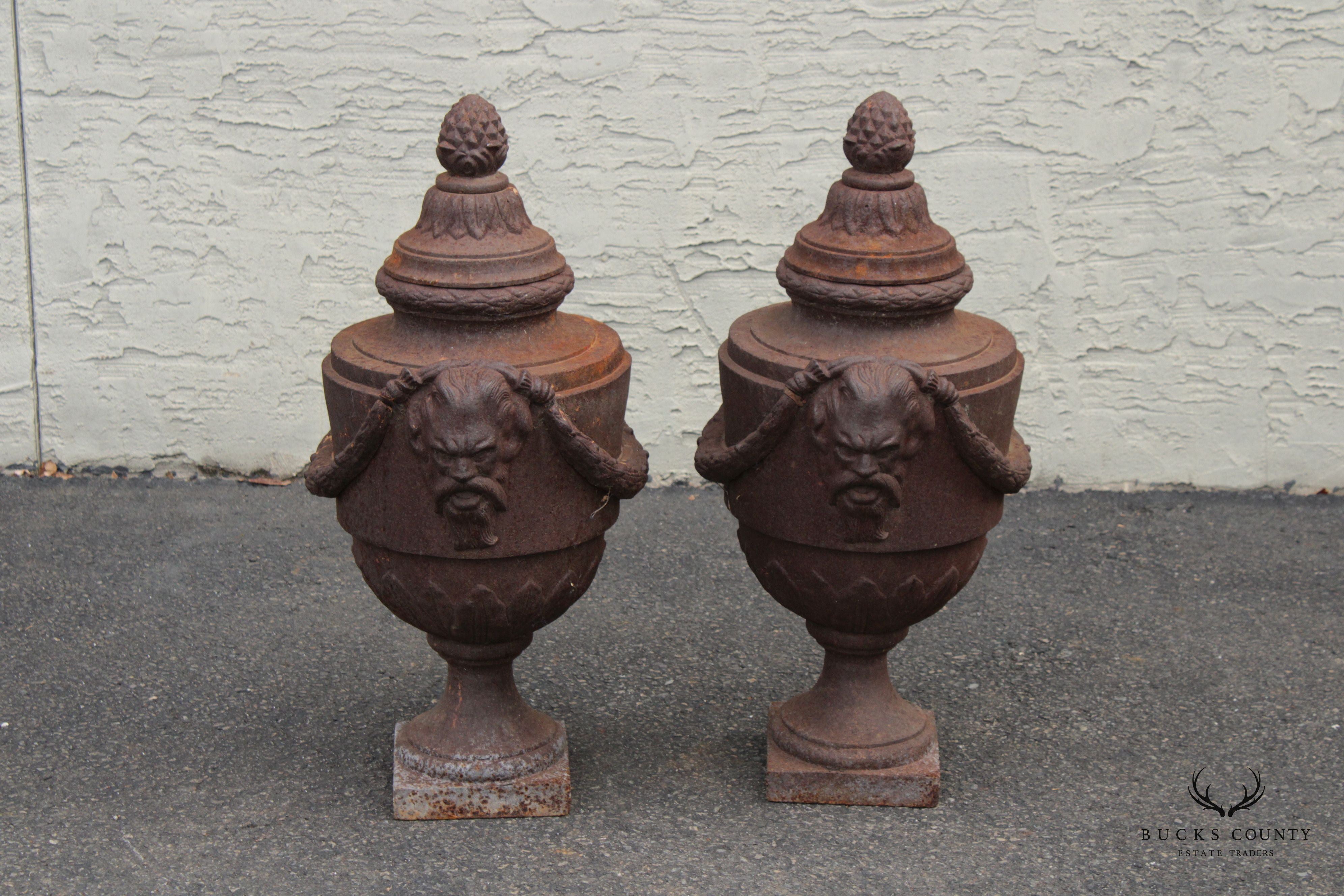 Classical Style Pair of Cast Iron Outdoor Garden Urns