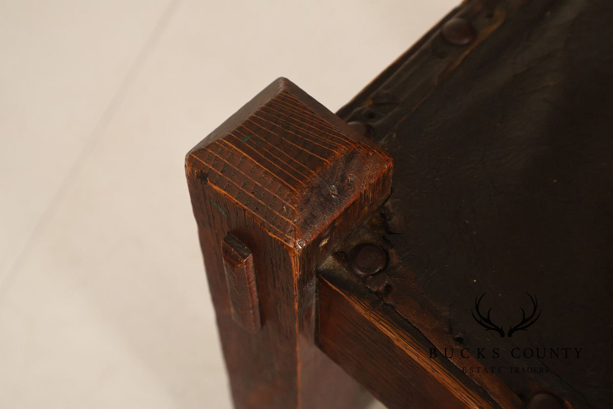Arts And Crafts Oak Footstool With Leather Upholstered Seat