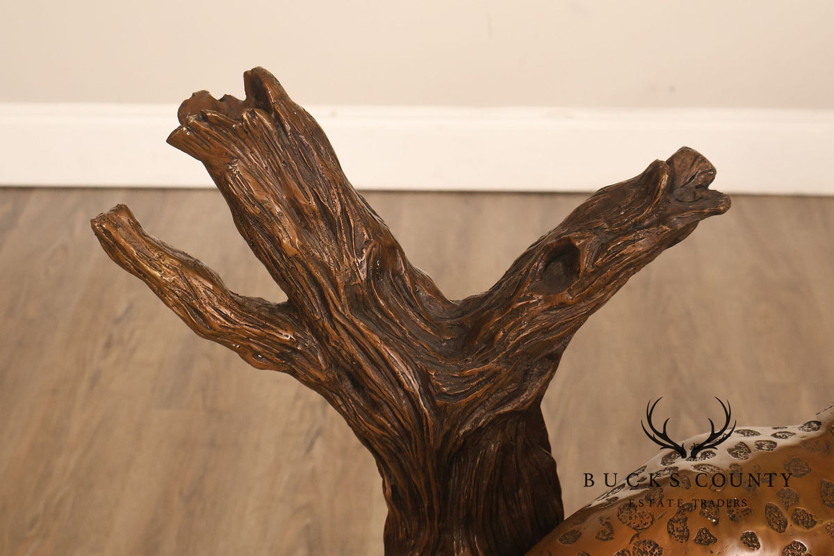 Large Bronze Leopard Sculpture On Tree Stump Base