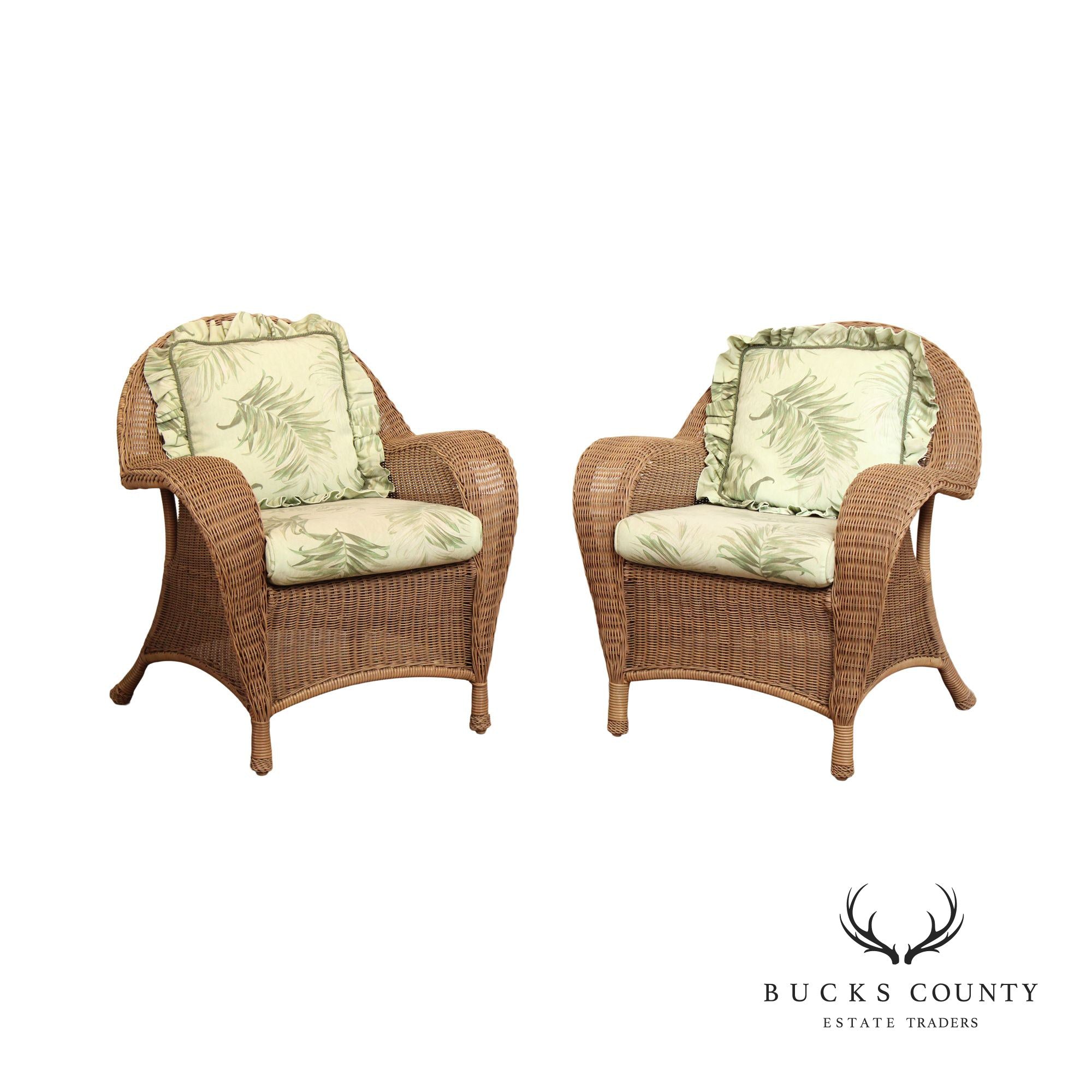 WOVEN WICKER PAIR OF OUTDOOR PATIO LOUNGE CHAIRS