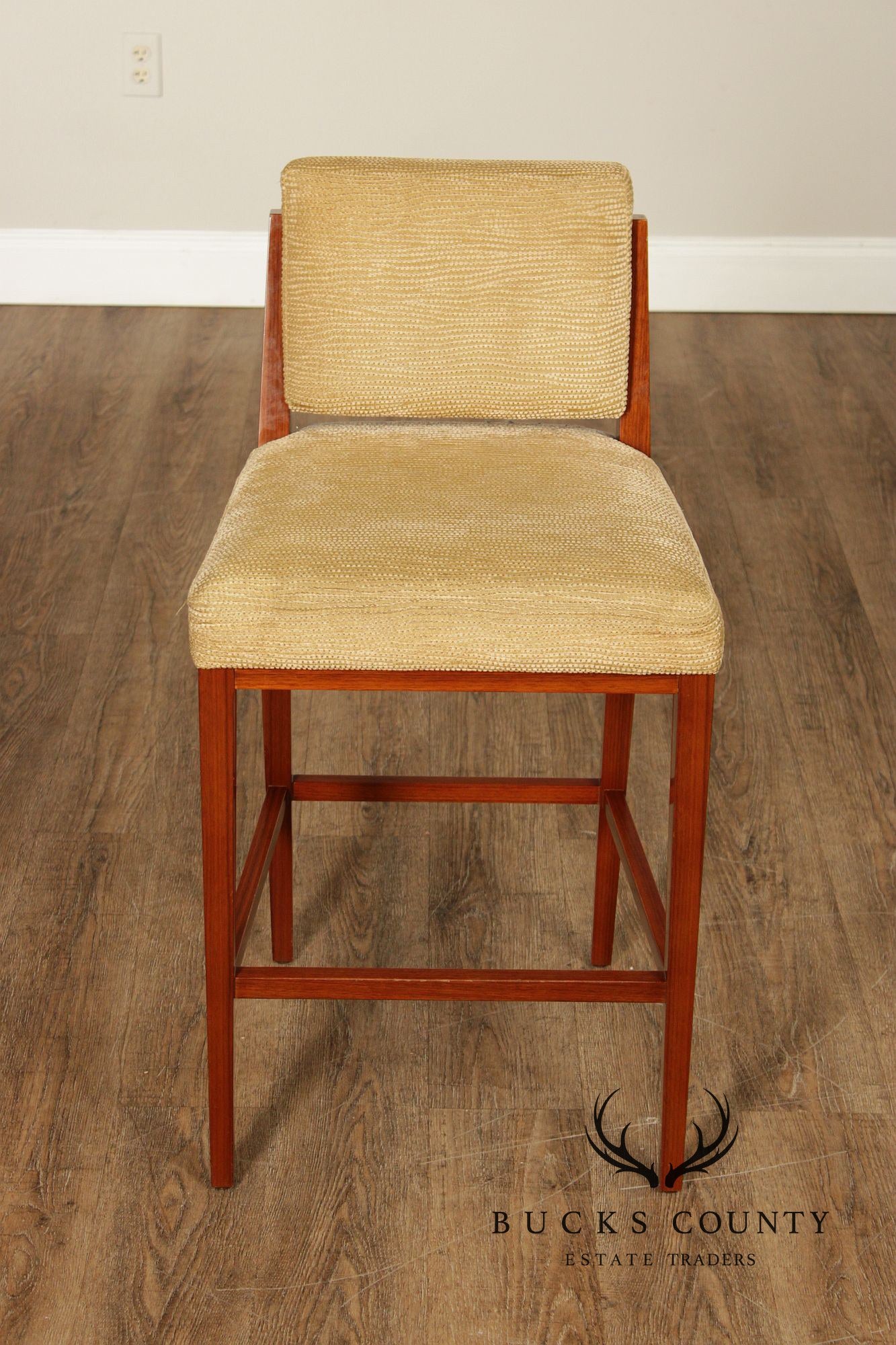 Mid Century Modern Style Set of Four Walnut Upholstered Counter Stools