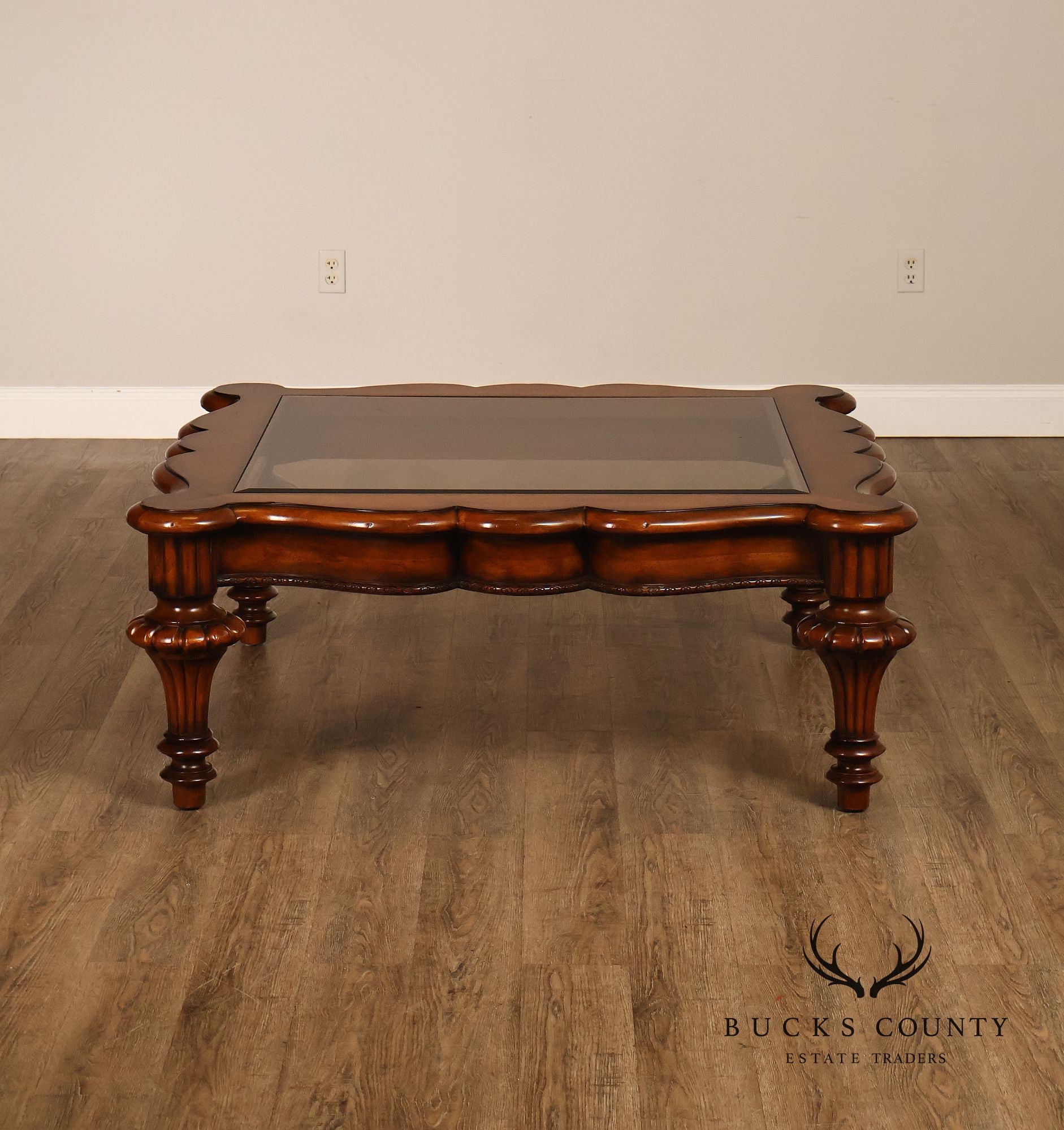 Mediterranean Style Carved Wood And Glass Square Coffee Table