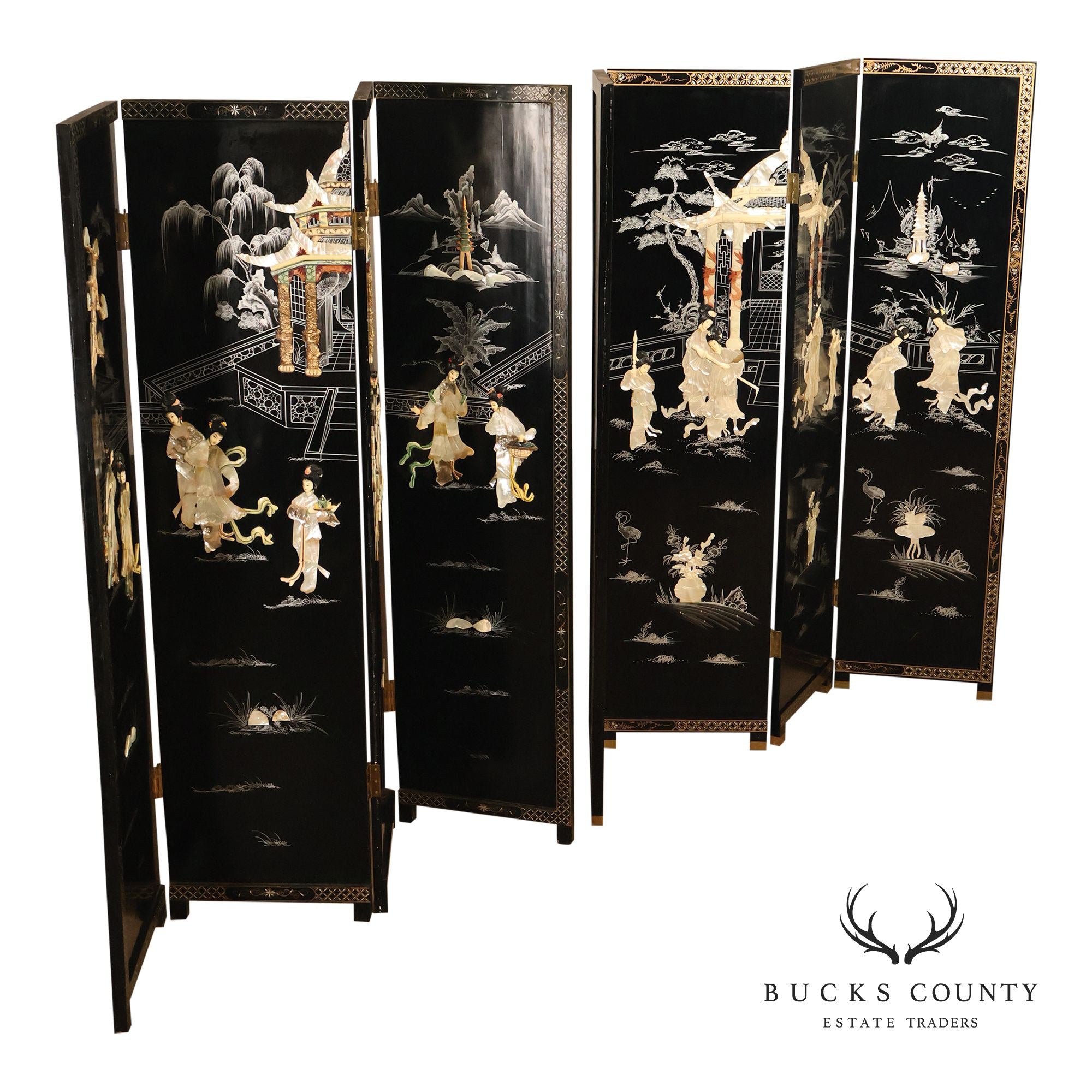 Asian Black Lacquer Vintage Pair Of Four Panel Folding Screens With Mother Of Pearl Inlay