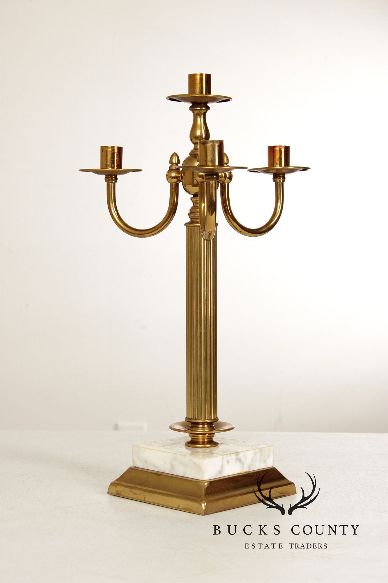 Classical Style Vintage Pair of Brass and Marble Candelabra