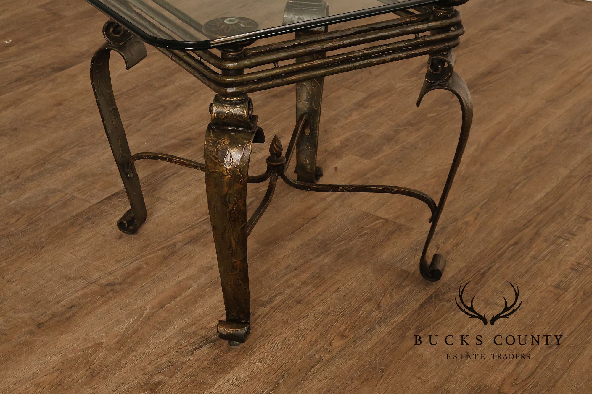 Neoclassical Revival Glass Top Metal Accent Table