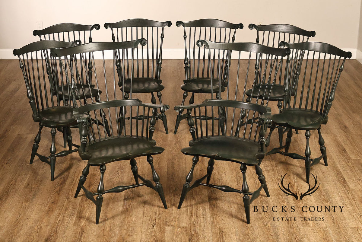 River Bend Chair Co. Set Of Eight Dark Green Painted Comb Back Windsor Dining Chairs