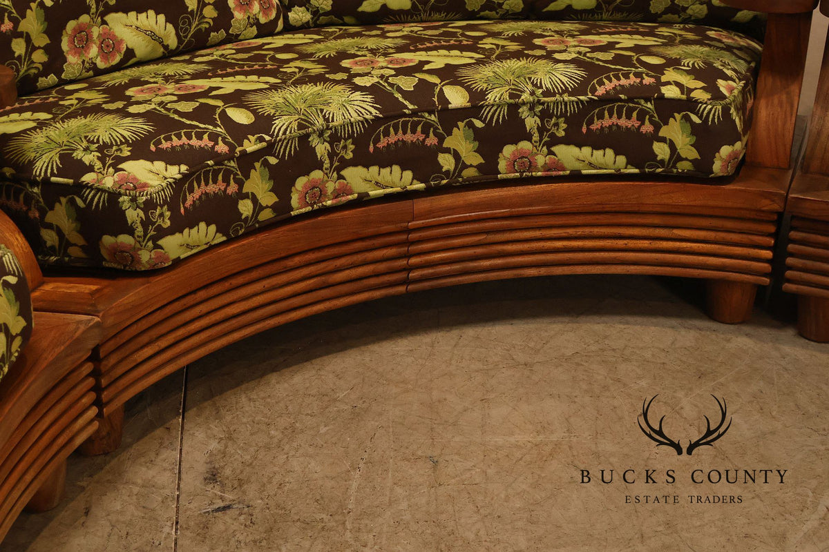 Curved Teak Modular Sofa With Floral Upholstery