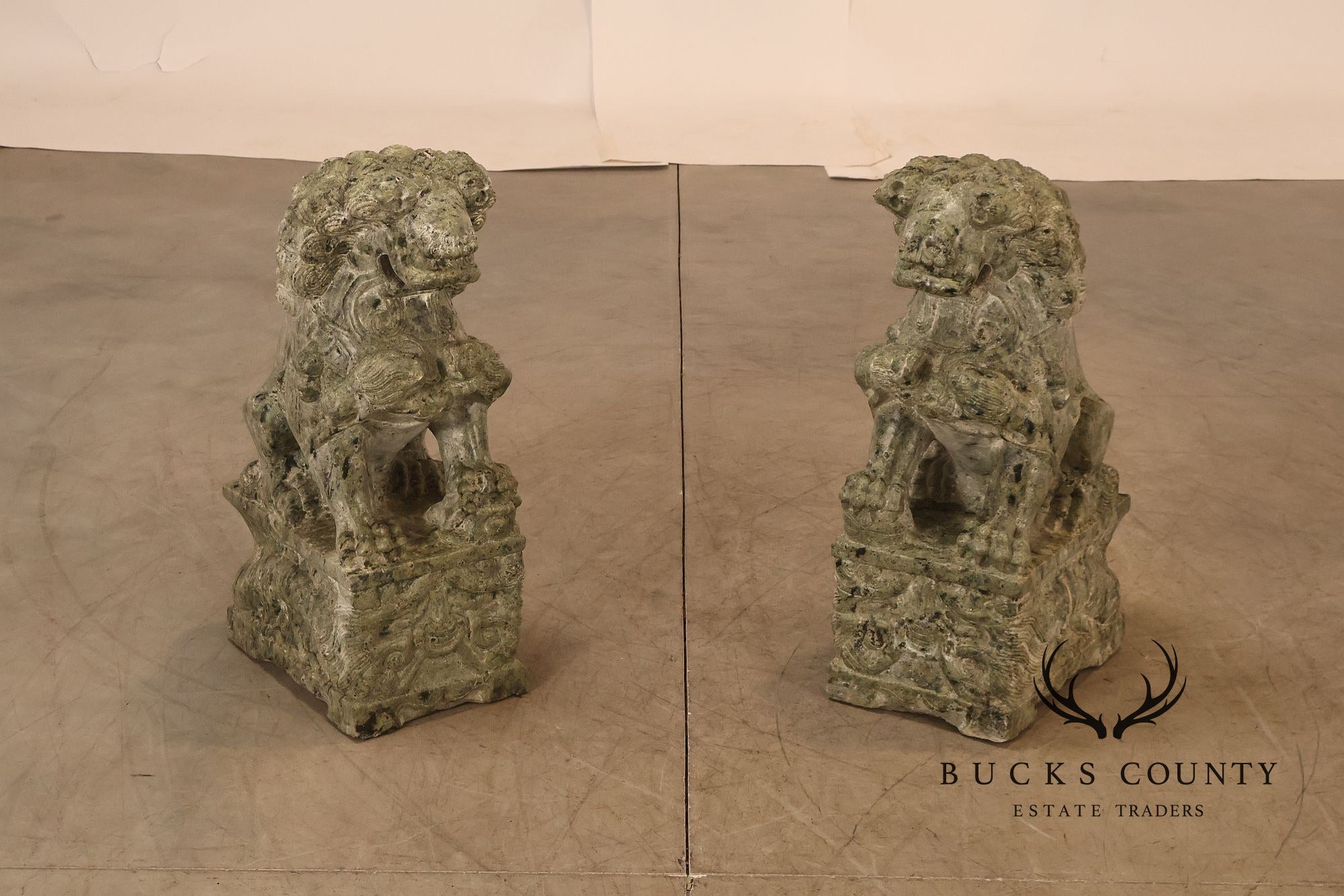 Large Pair Of Carved Green Marble Foo Dogs Guardian Lions