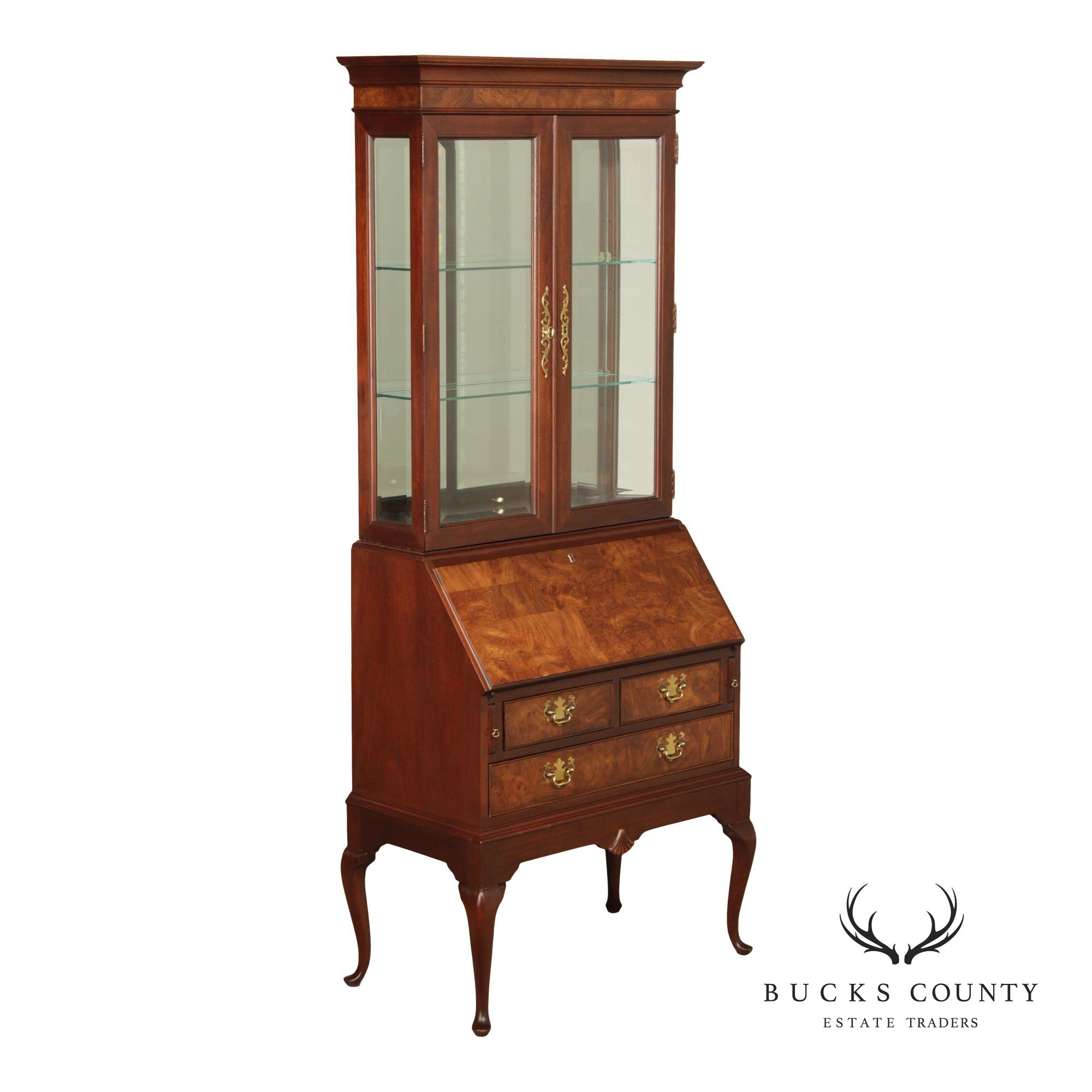 Hekman Georgian Style Lighted Secretary Desk And Display Cabinet