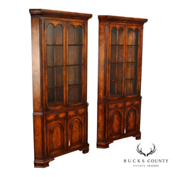 Theodore Alexander Georgian Style Pair of Burlwood Corner Cabinets