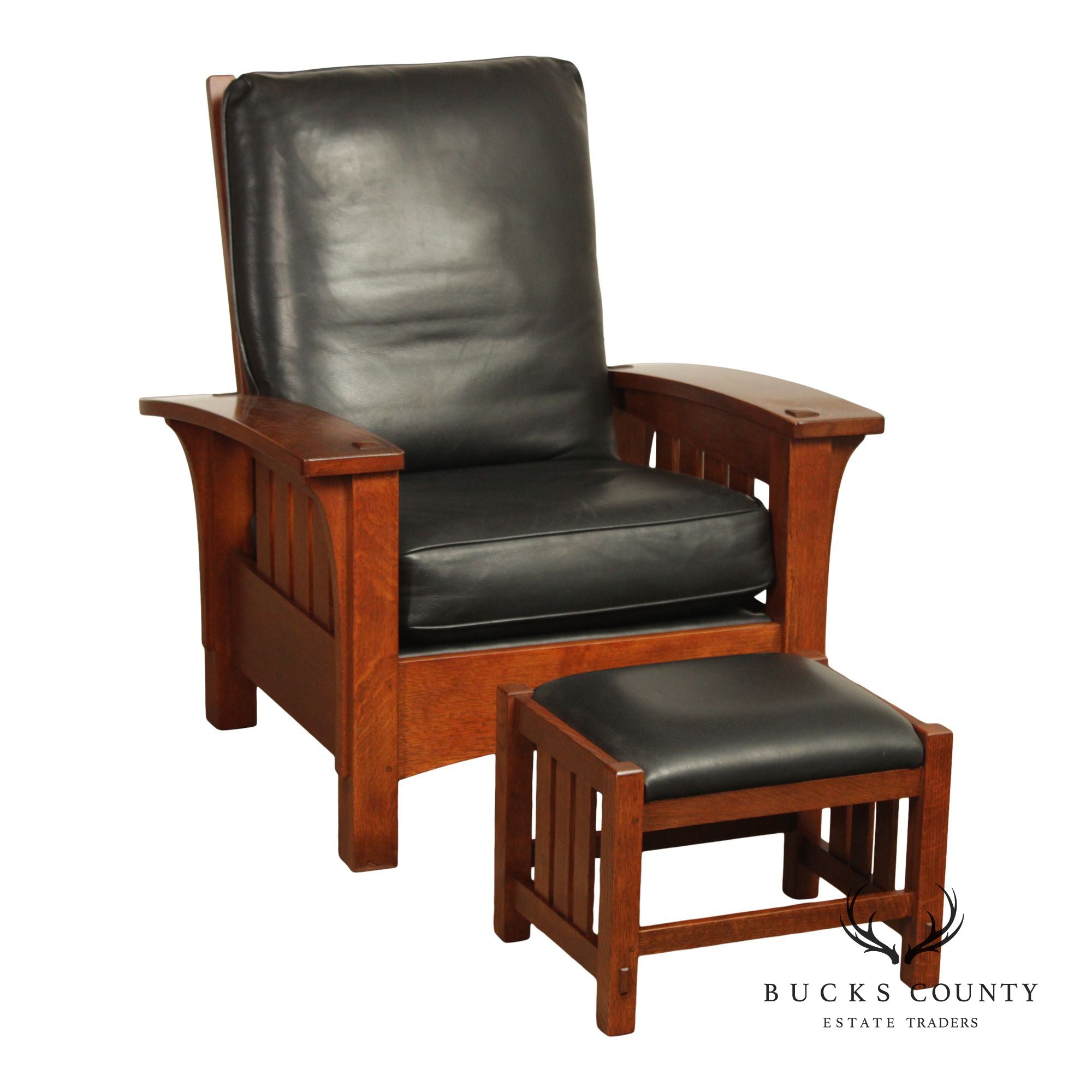 Stickley Mission Collection Oak Bow Arm Morris Chair and Ottoman