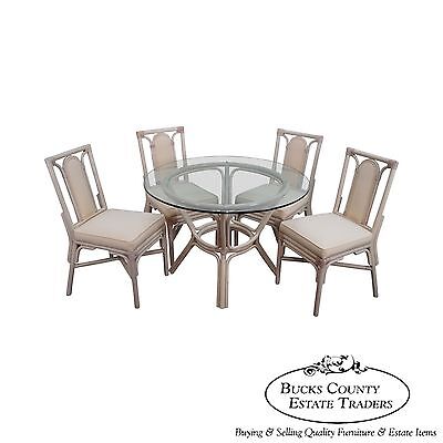 Rattan Bamboo Round Glass Top Dining Table & 4 Chair Set