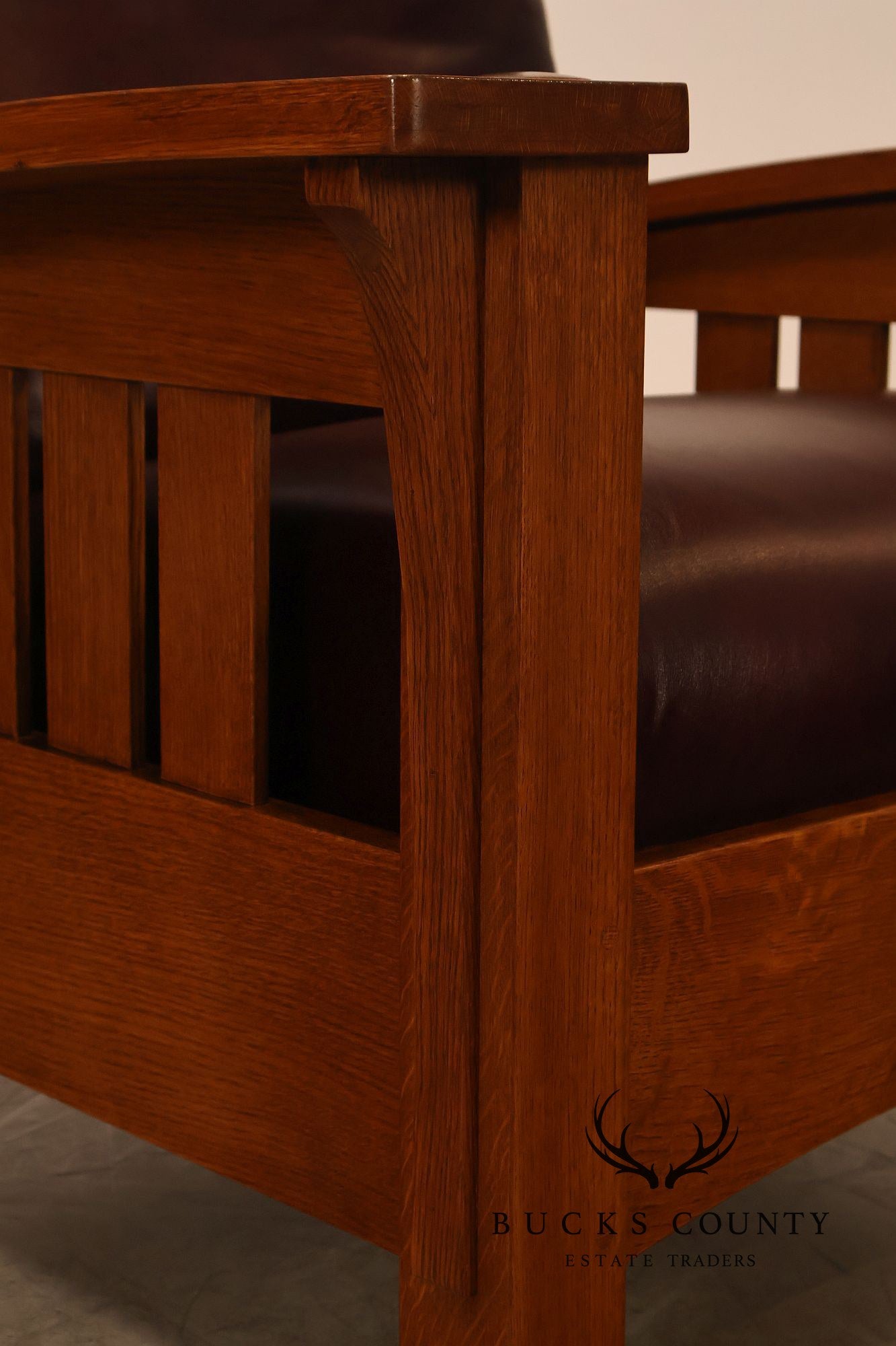Stickley Mission Collection Pair Of Oak & Leather Bow Arm Morris Chairs
