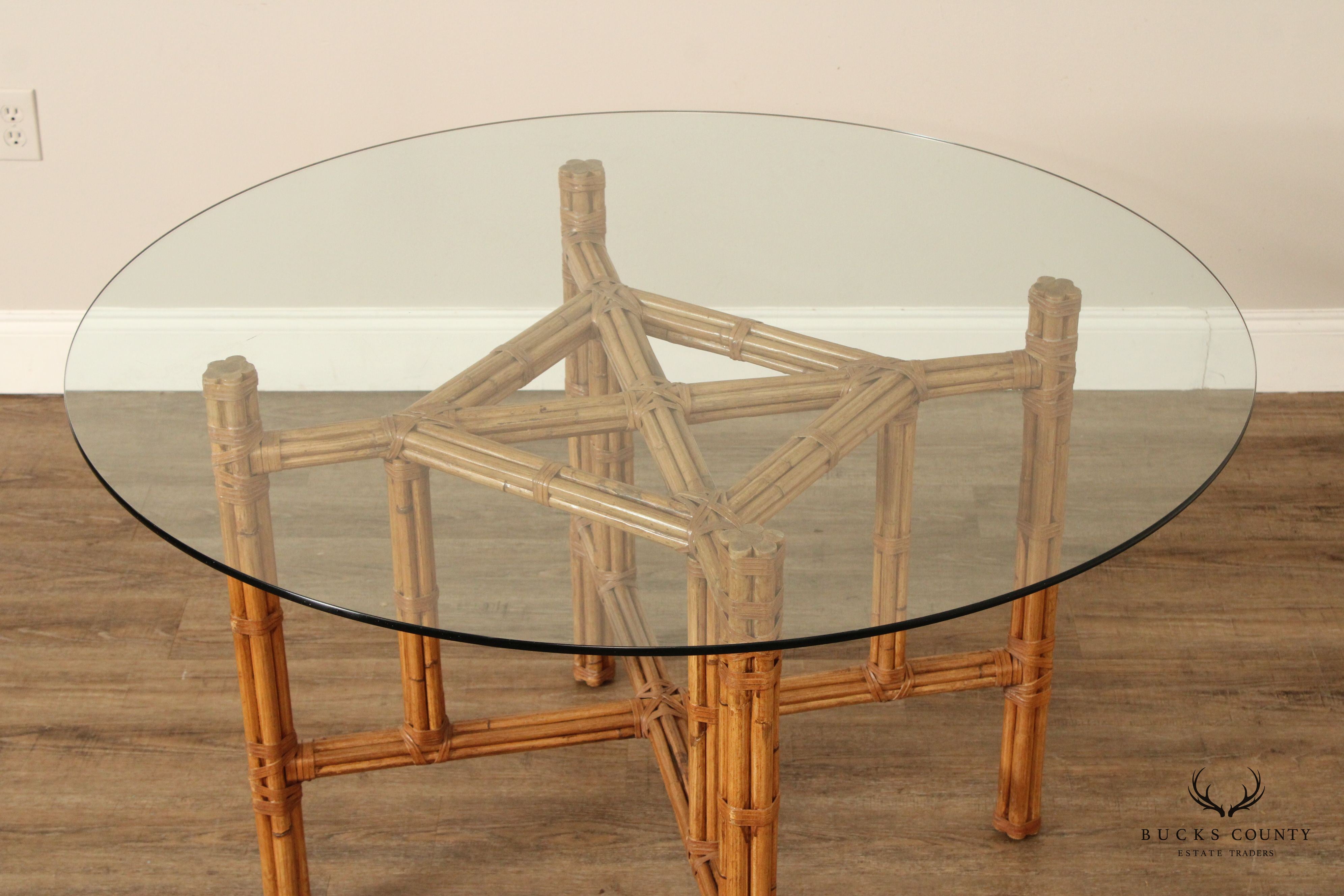 Hollywood Regency Vintage Round Glass Top Rattan Dining Table