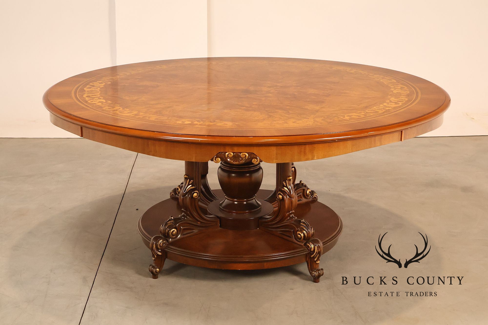 Italian 72" Round Inlaid Burl Wood Dining Table With Lazy Susan