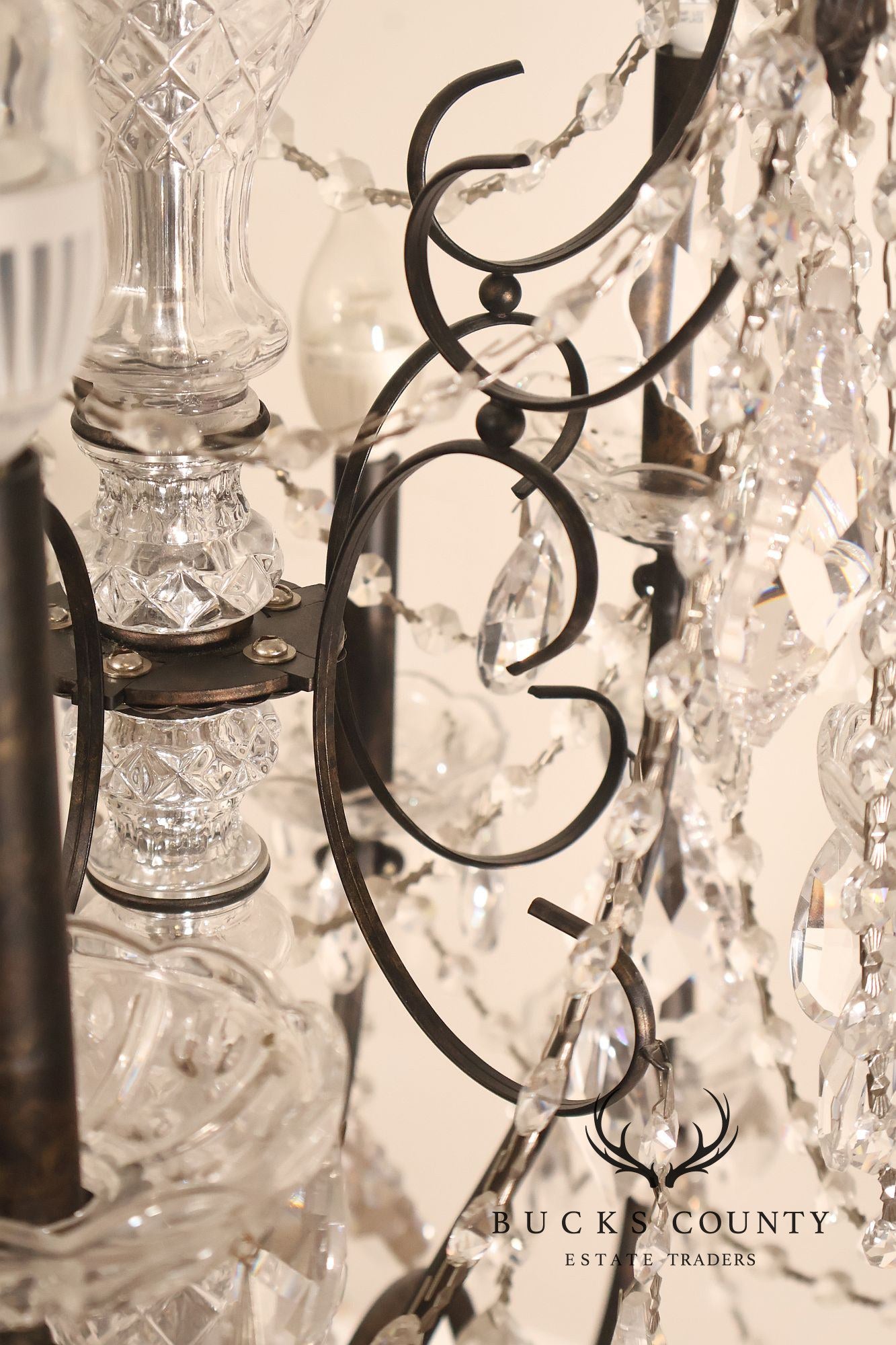 Large Twenty-Light Crystal And Wrought Iron 55" Chandelier