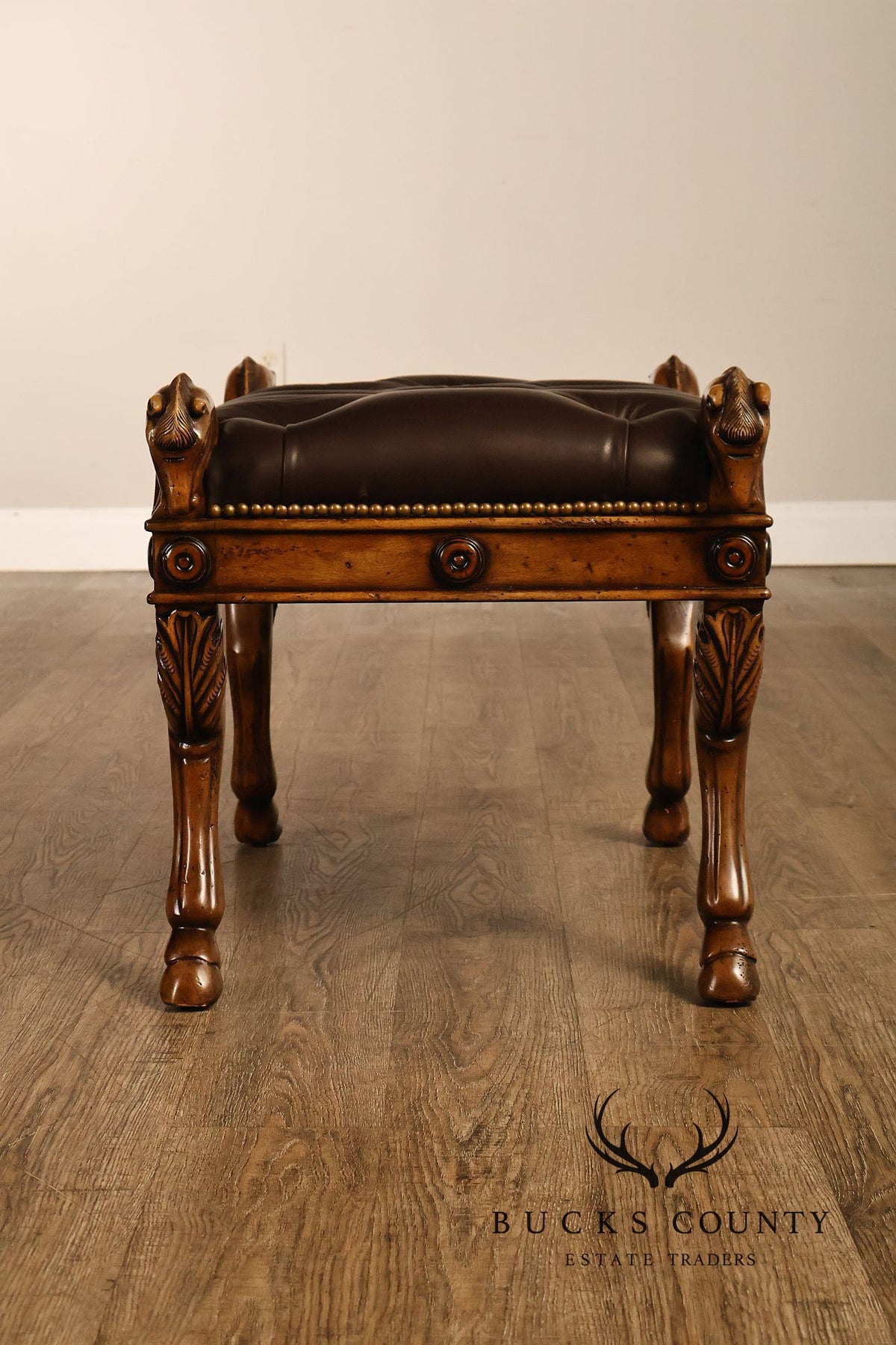 Theodore Alexander Regency Style Carved Horse Head Leather Bench