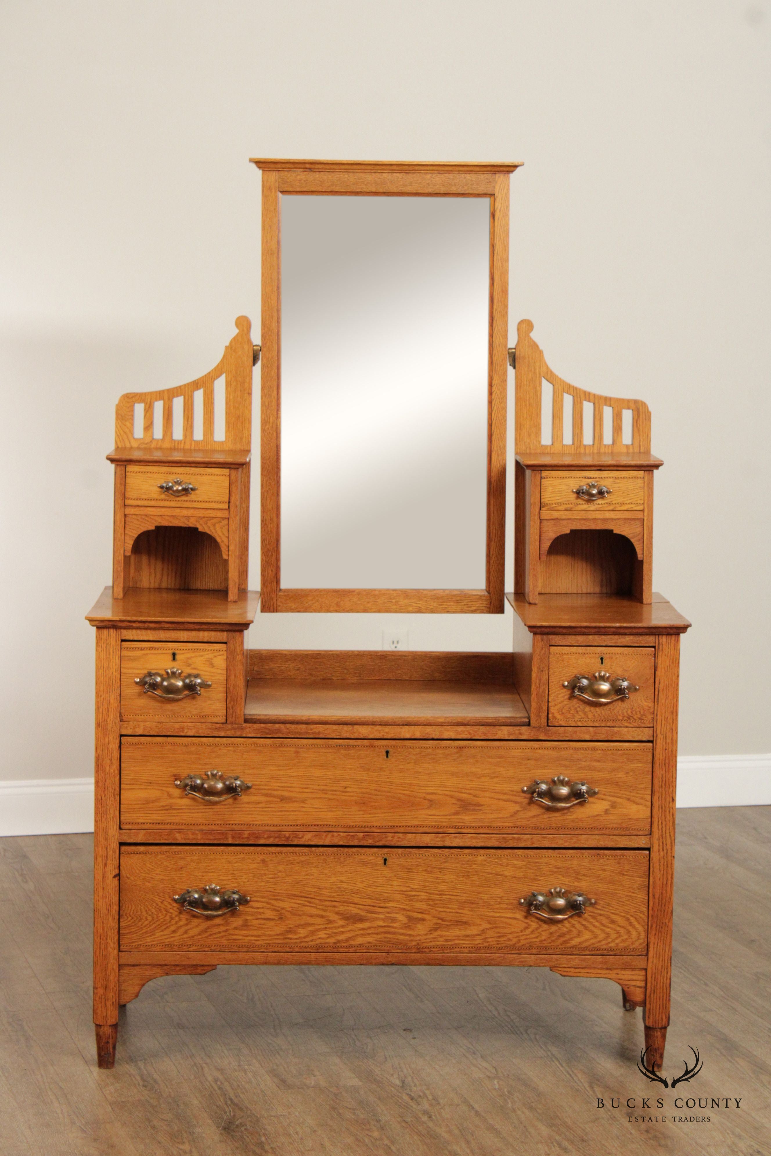 English Arts & Crafts Antique Oak Chest of Drawers with Mirror