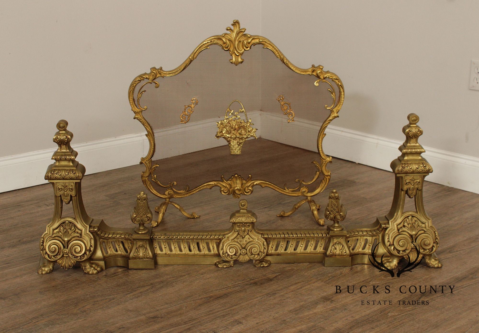 French Louis XV Style Brass Fireplace Set