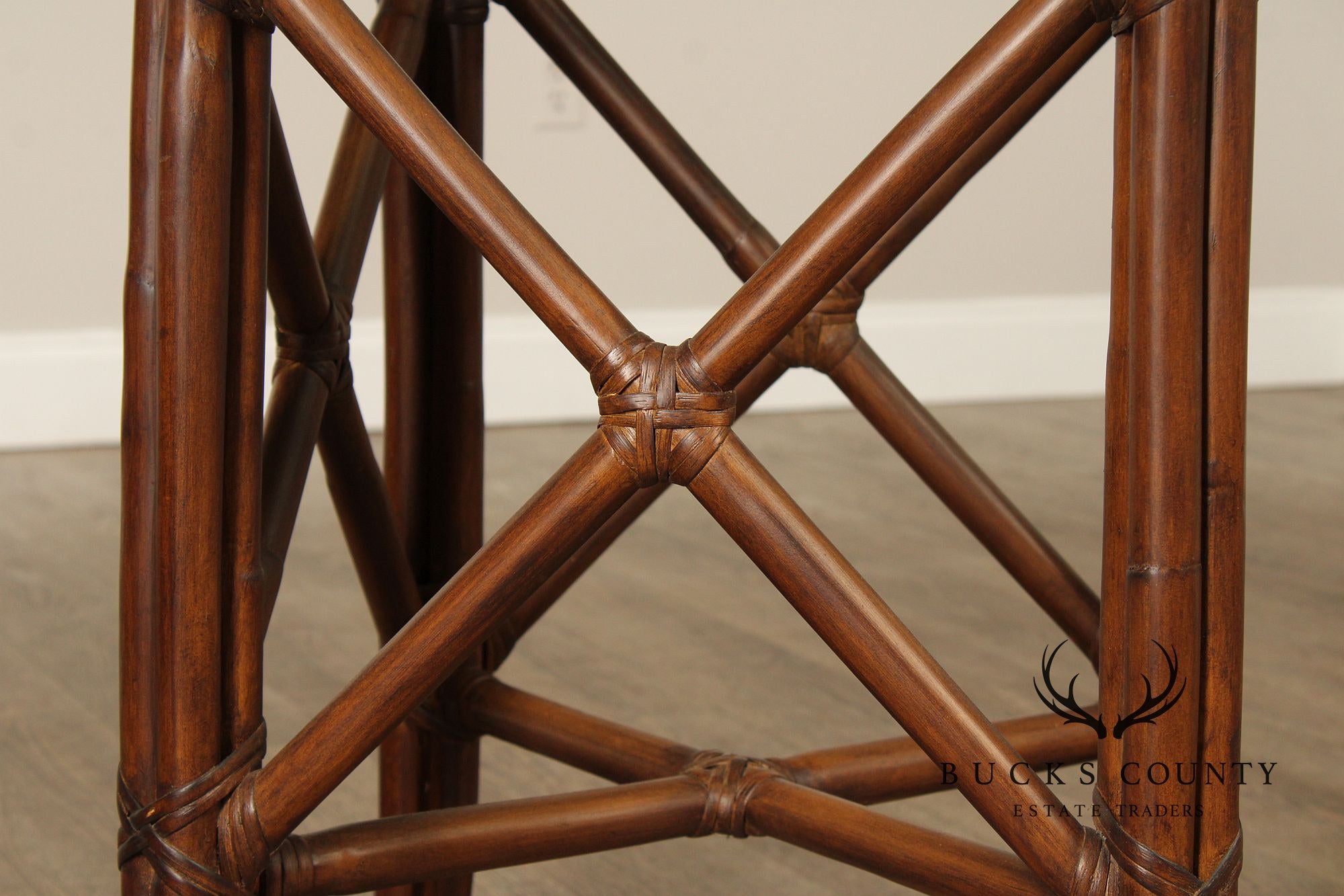 Hollywood Regency Round Glass Top Rattan Dining Table