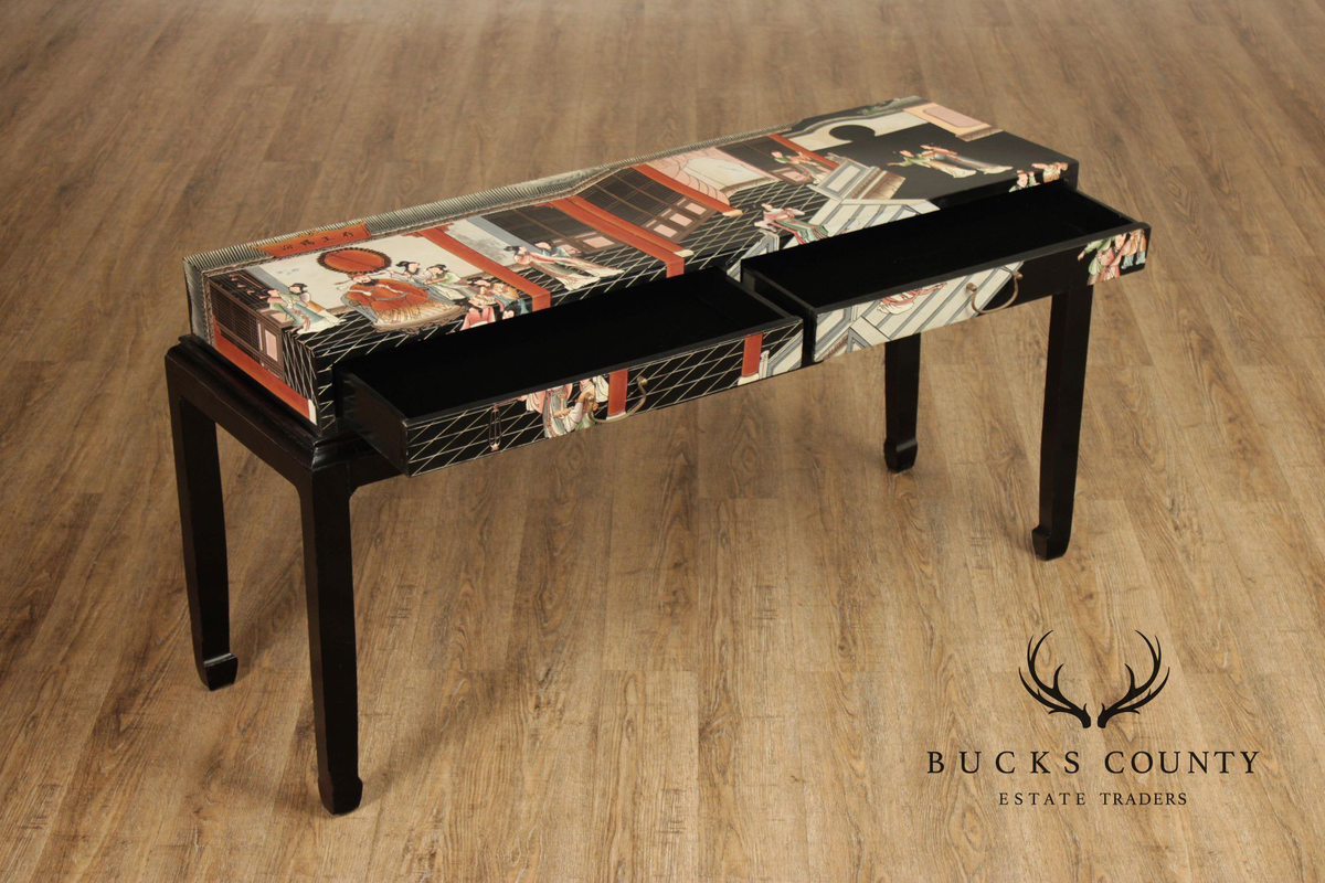 Vintage Chinese Style Lacquered Figural Scene Console