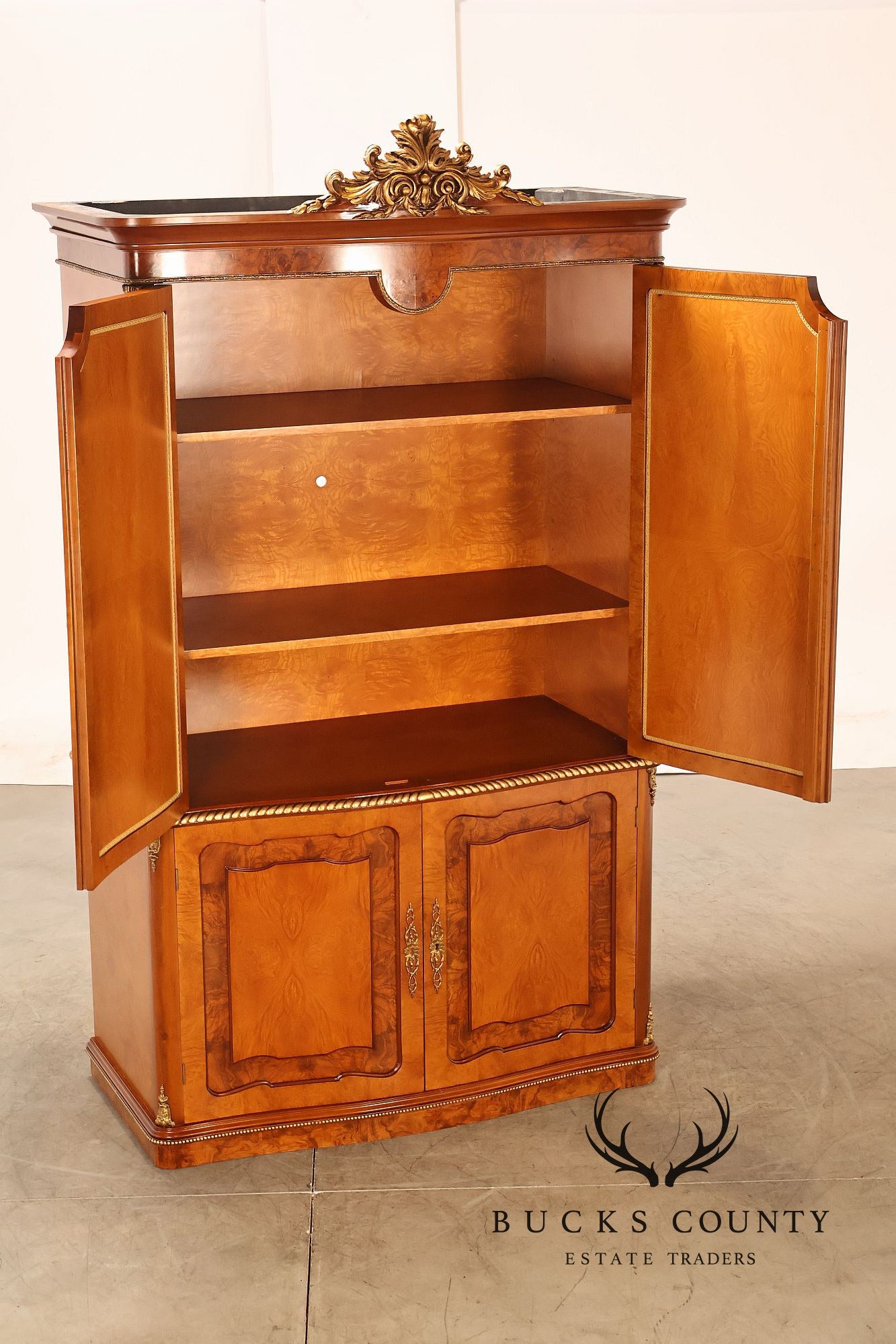 French Louis XV Style Burl Walnut Linen Closet Armoire