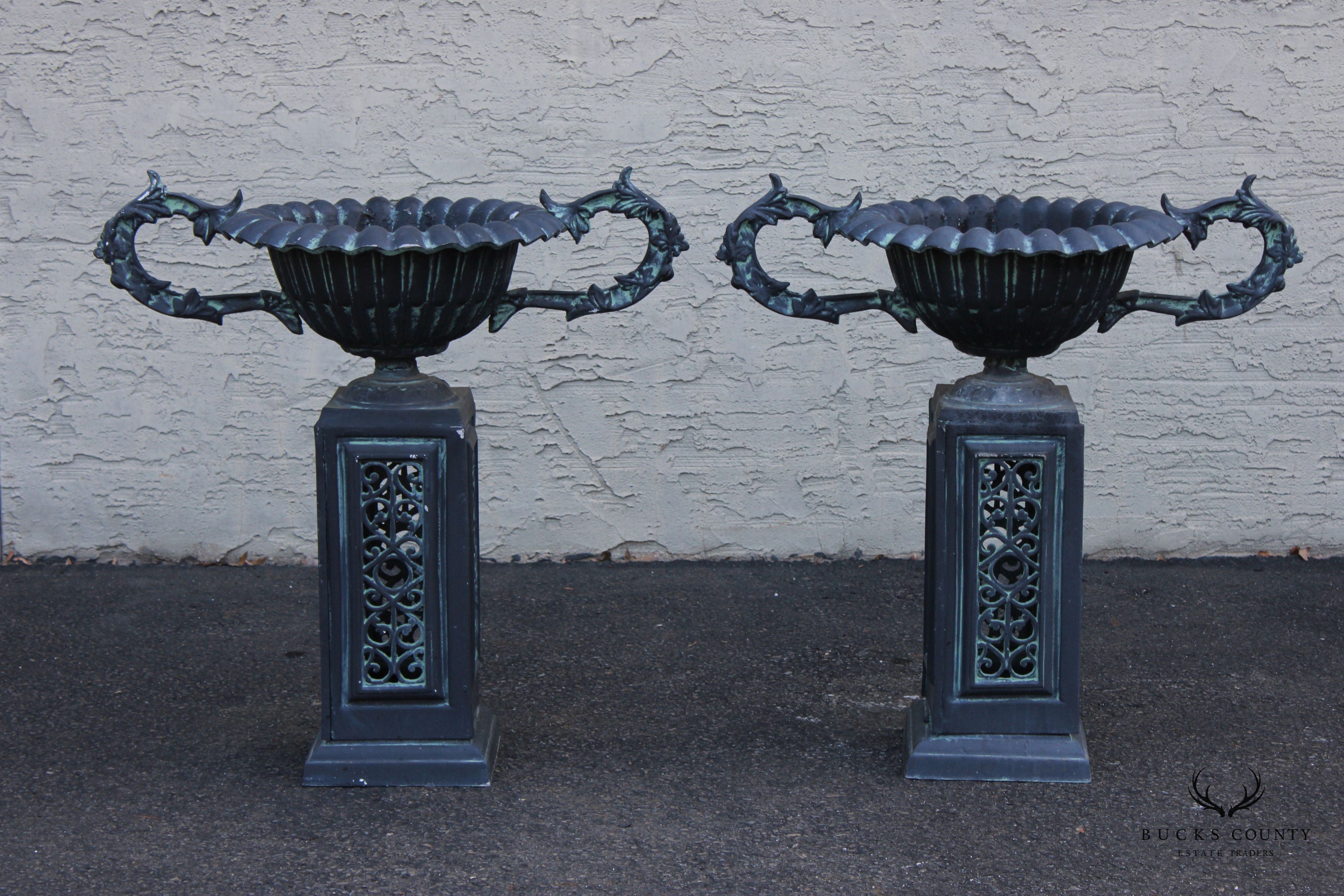 Victorian Style Pair of Cast Aluminum Outdoor Urn Planters