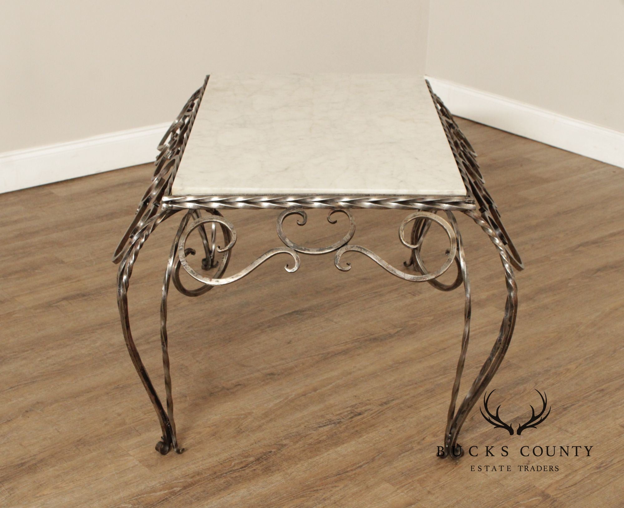 Vintage French Marble Top Wrought Iron Coffee Table