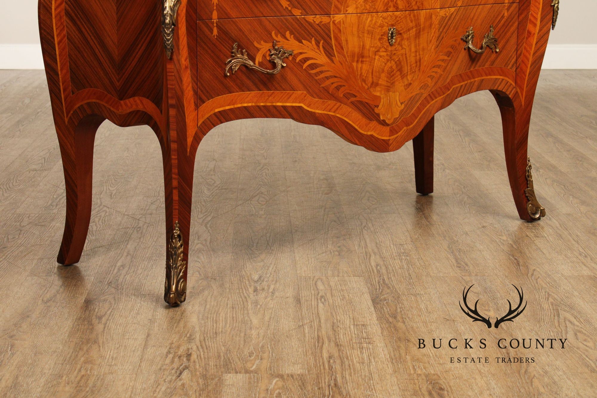 Louis XV Style Pair Of Marquetry Inlaid Marble Top Bombe Commodes