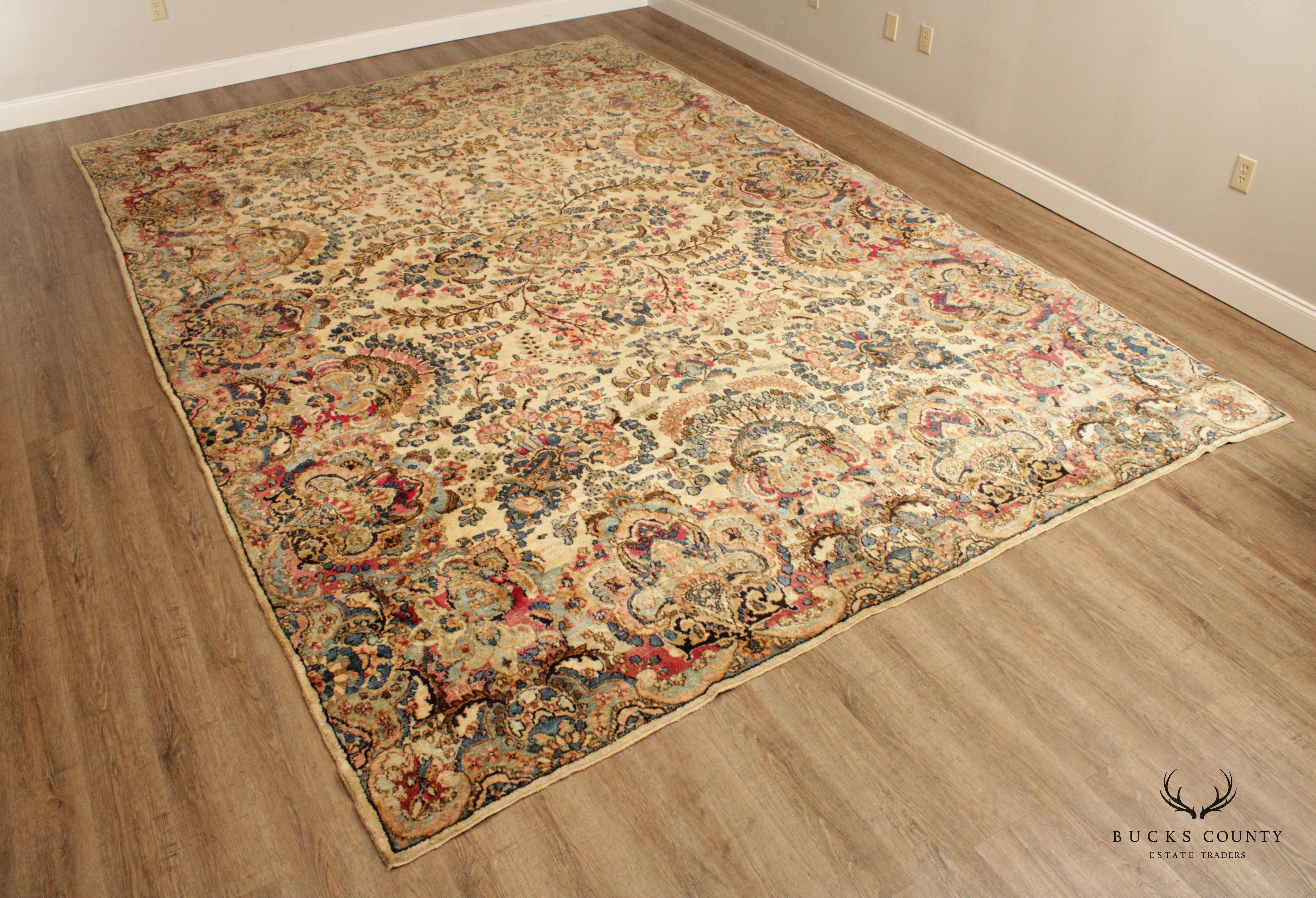 Vintage Persian Kerman Large Wool Area Rug, 14' x 9'