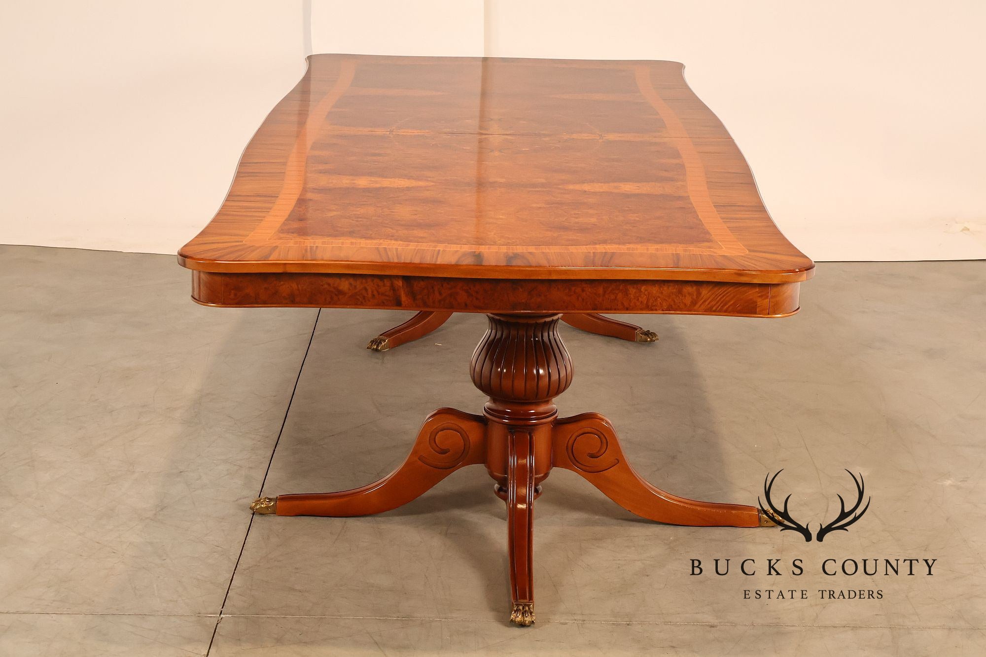 Exceptional Italian Burlwood Inlaid Double Pedestal Extendable Dining Table
