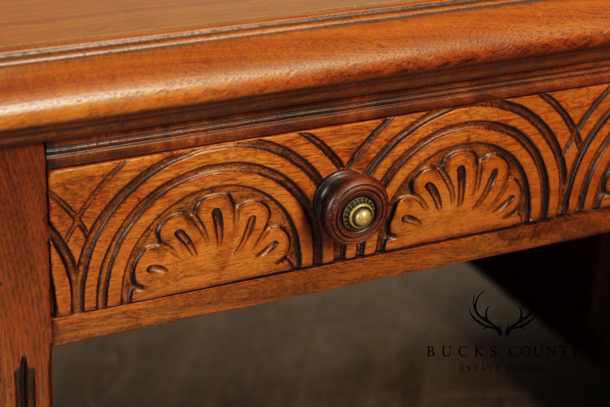 1930 Walnut Carved Pedestal Executive Desk with Pull-Out Writing Slides