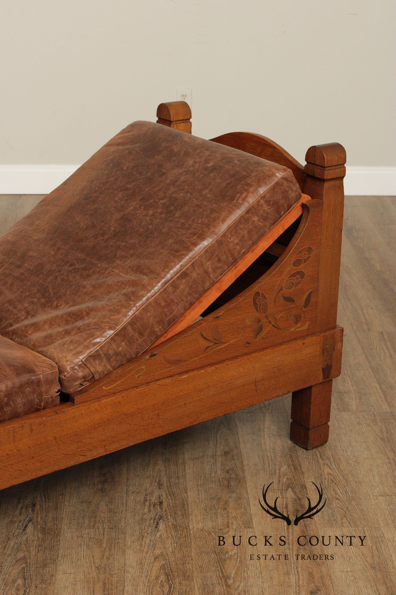 Early Stickley Brothers Inlaid Oak and Leather Daybed