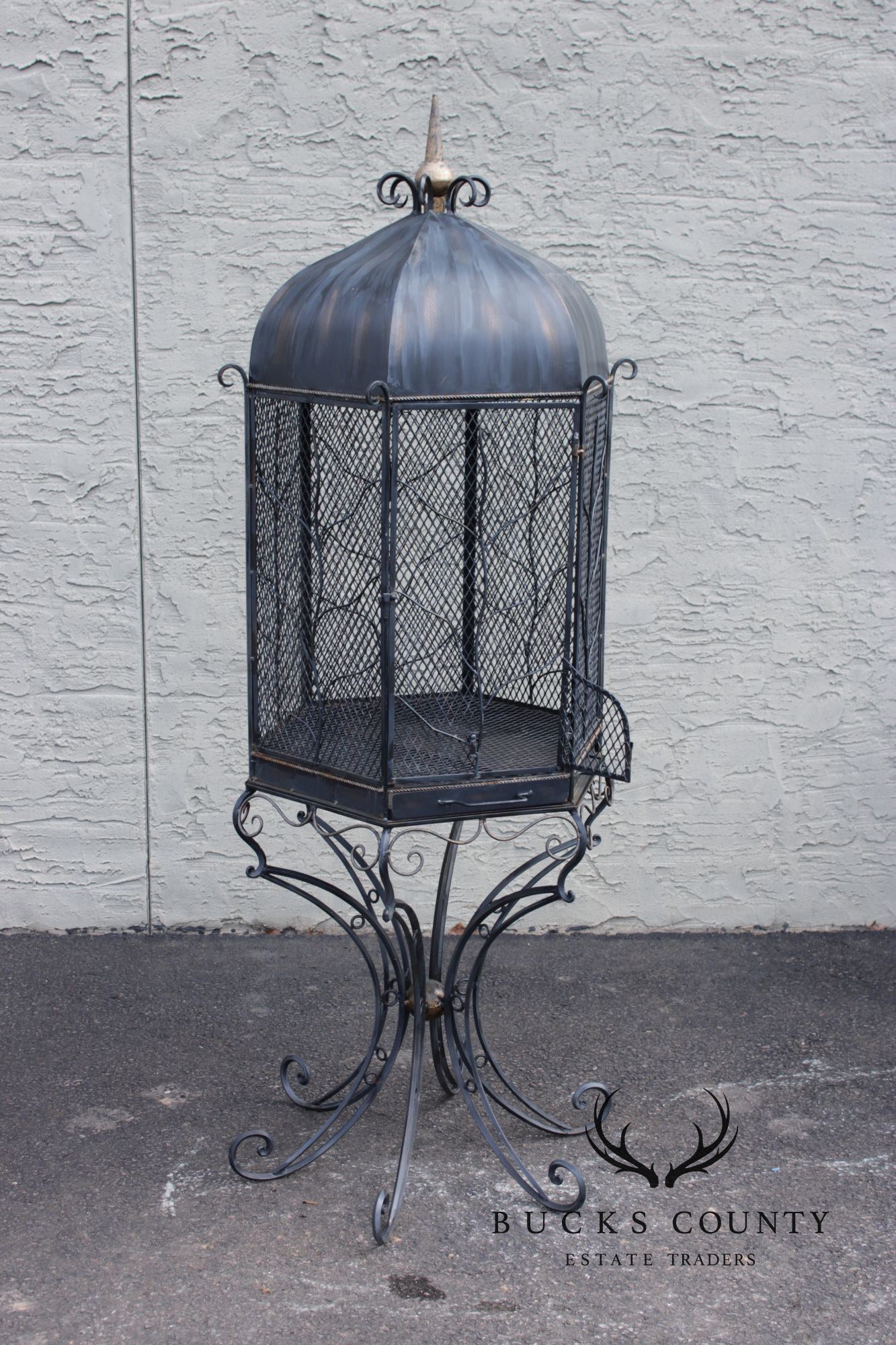 Vintage Wrought Iron Garden Bird Cage On Stand