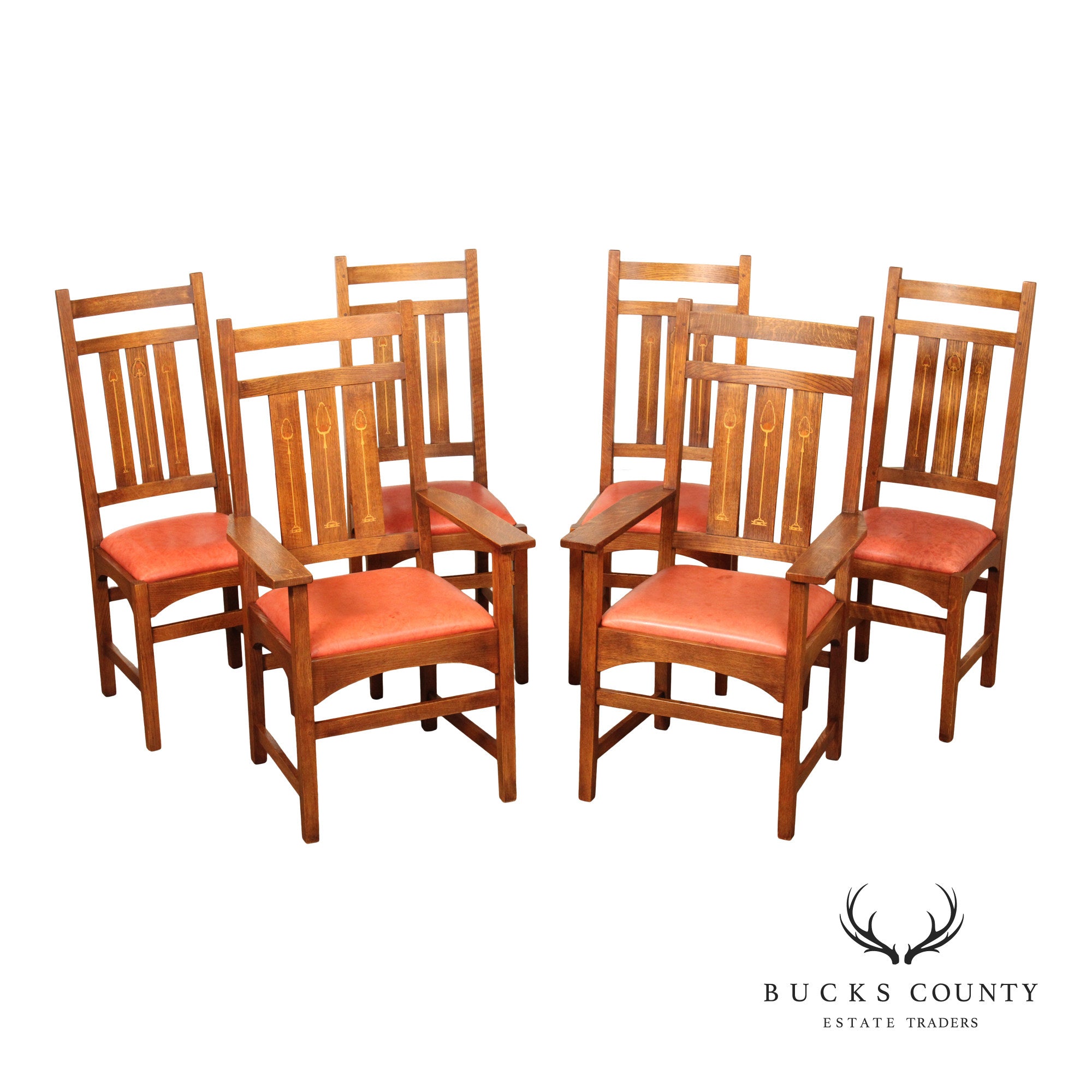 Stickley Mission Collection Set of Six Harvey Ellis Inlaid Oak Dining Chairs