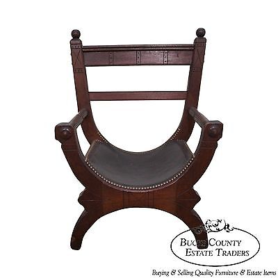 Unusual Antique Aesthetic Walnut Leather Seat X Frame Arm Chair