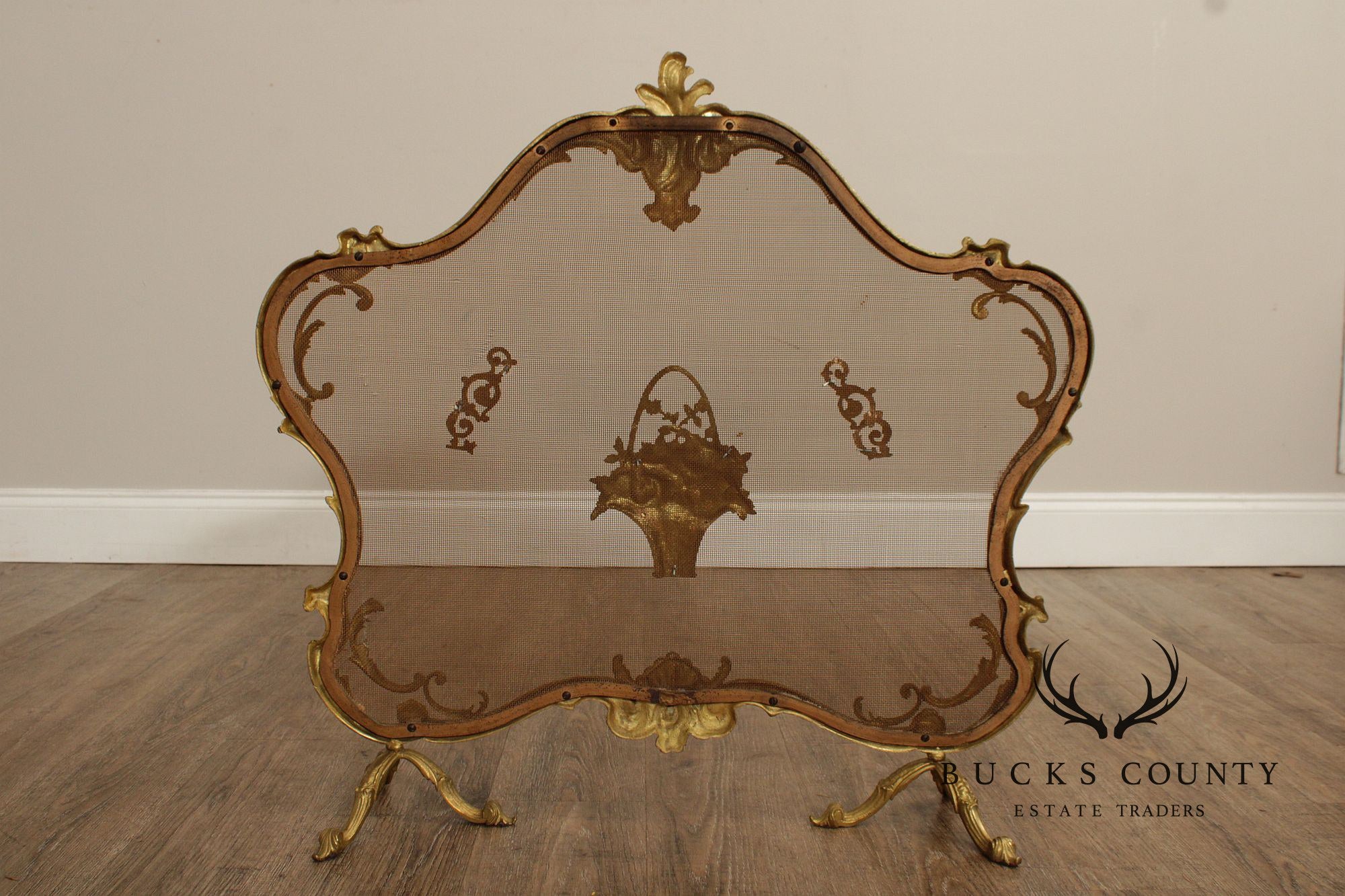 French Louis XV Style Brass Fireplace Set