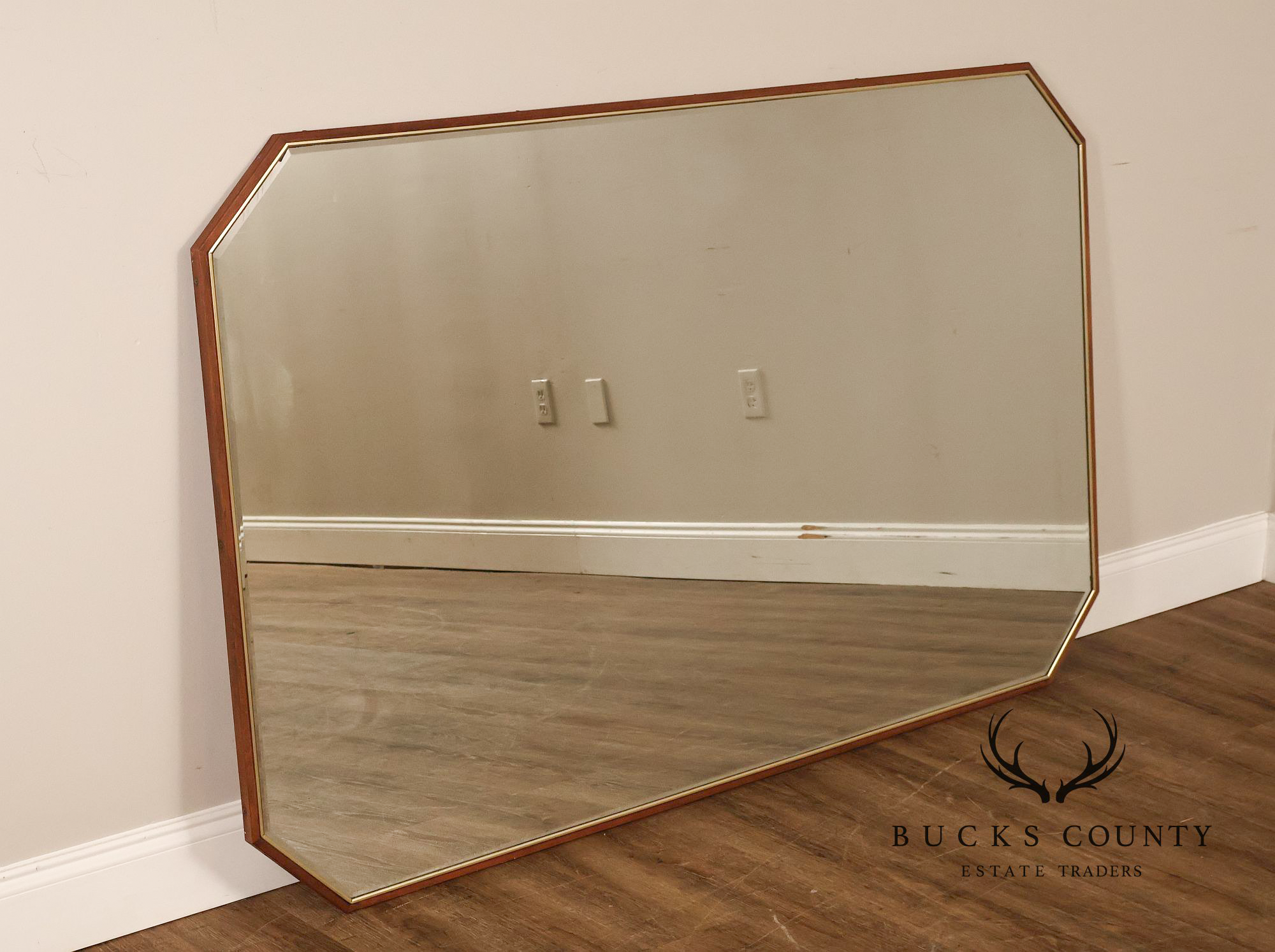 Mid Century Modern Walnut Frame Large Octagonal Mantel Mirror