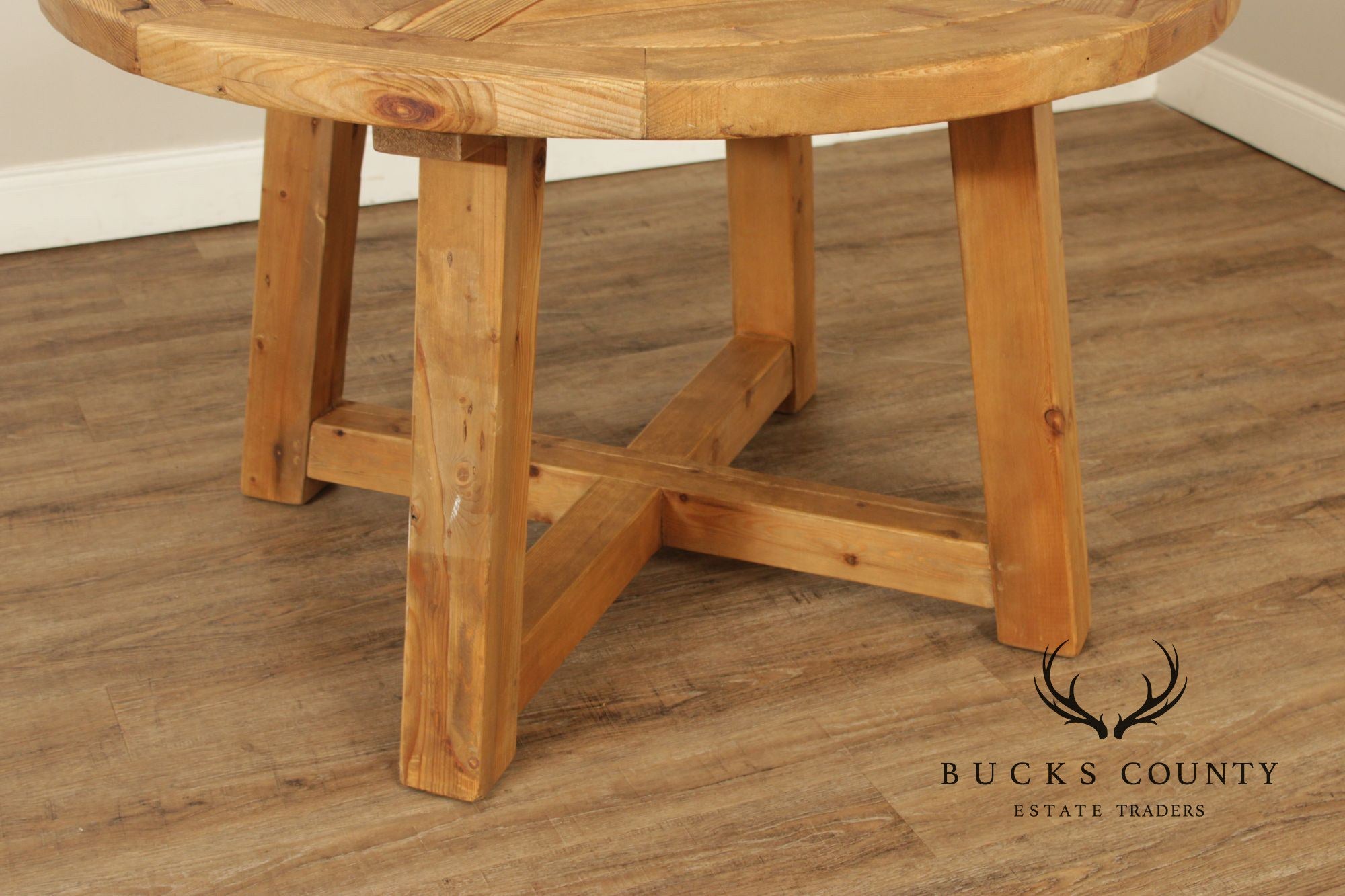 Rustic Industrial Round Pine Dining Or Center Table With X-Base