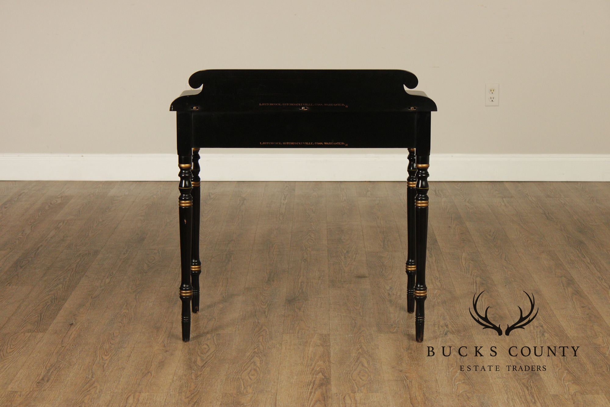 L. Hitchcock Black And Gold Stenciled Vanity Desk And Stool