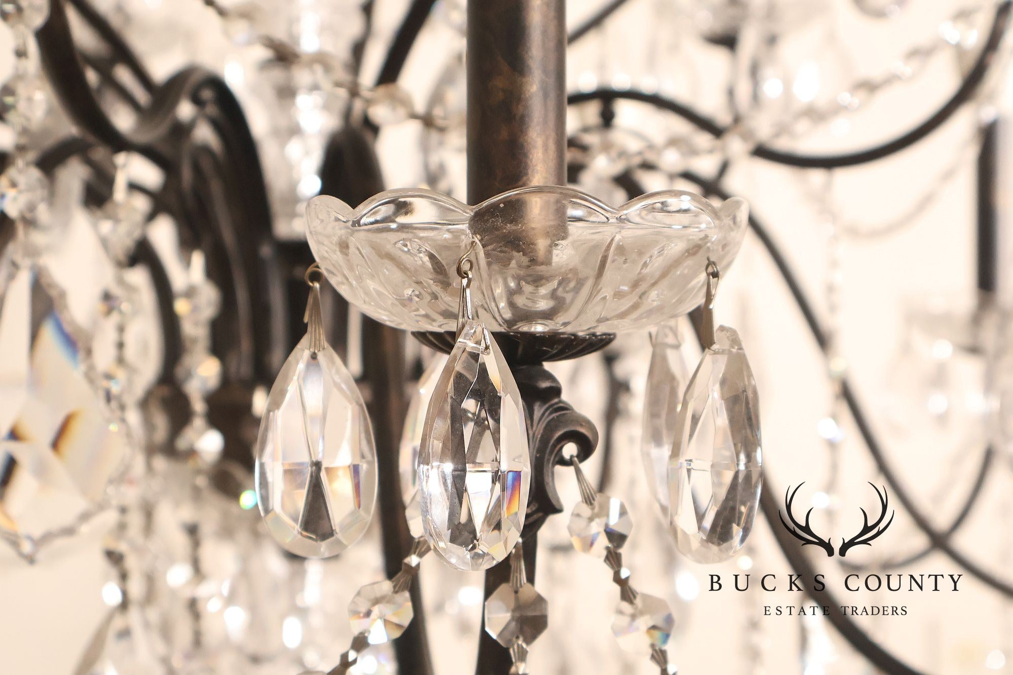 Large Twenty-Light Crystal And Wrought Iron 55" Chandelier