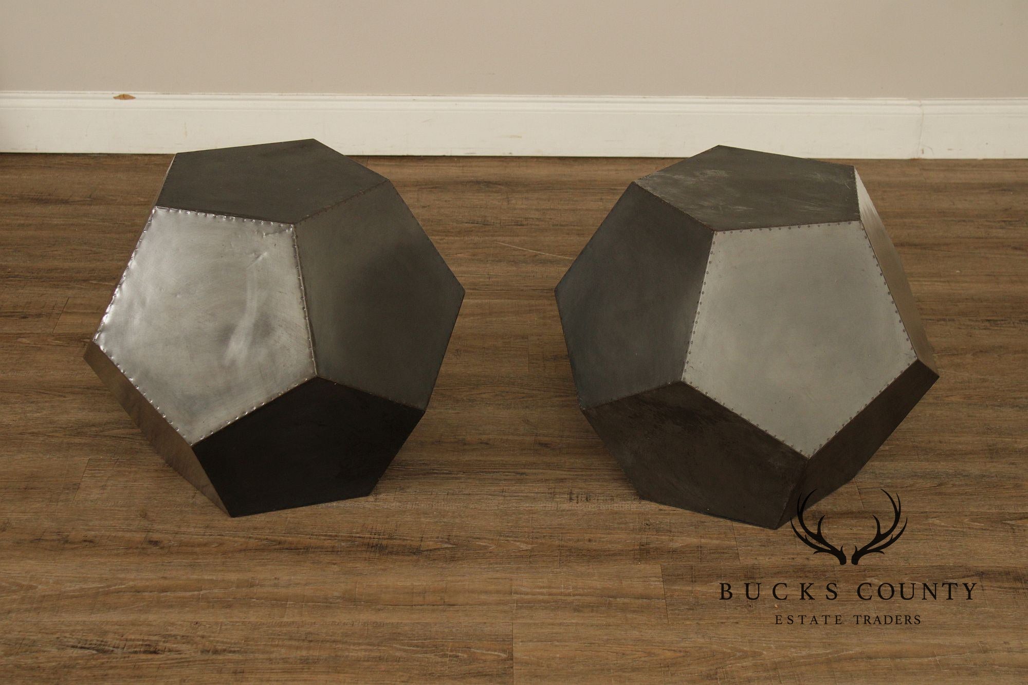 Restoration Hardware Industrial Style Zinc Polyhedron Side Tables Pair