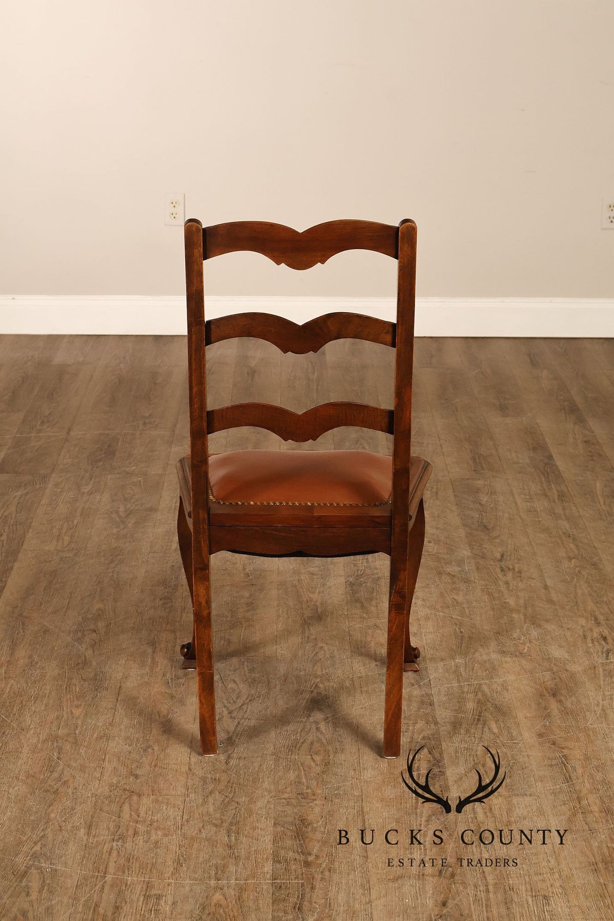 French Country Antique Set Of Eight Walnut And Leather Ladder Back Dining Chairs